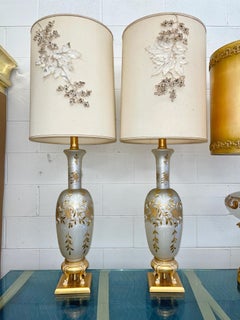 Pair Vintage Hollywood Regency Platinum & Gold Cut Bohemian Glass Lamps