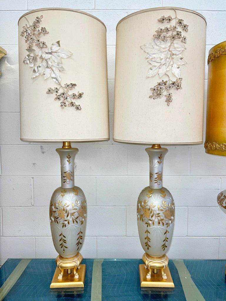 American Pair Vintage Hollywood Regency Platinum & Gold Cut Bohemian Glass Lamps For Sale