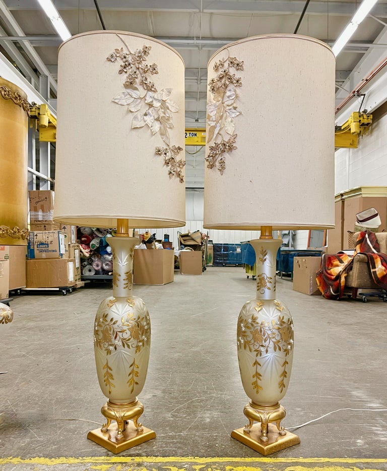 Pair Vintage Hollywood Regency Platinum & Gold Cut Bohemian Glass Lamps In Good Condition For Sale In Hingham, MA