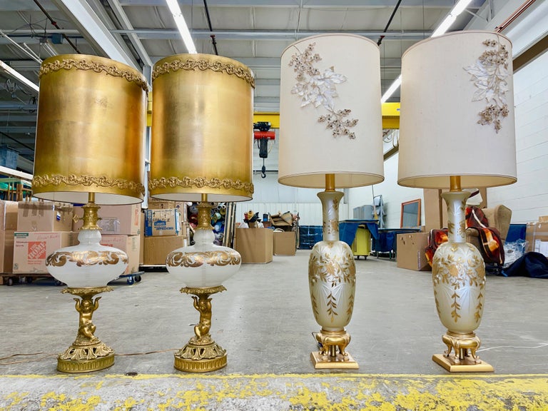 Pair Vintage Hollywood Regency Platinum & Gold Cut Bohemian Glass Lamps For Sale 1