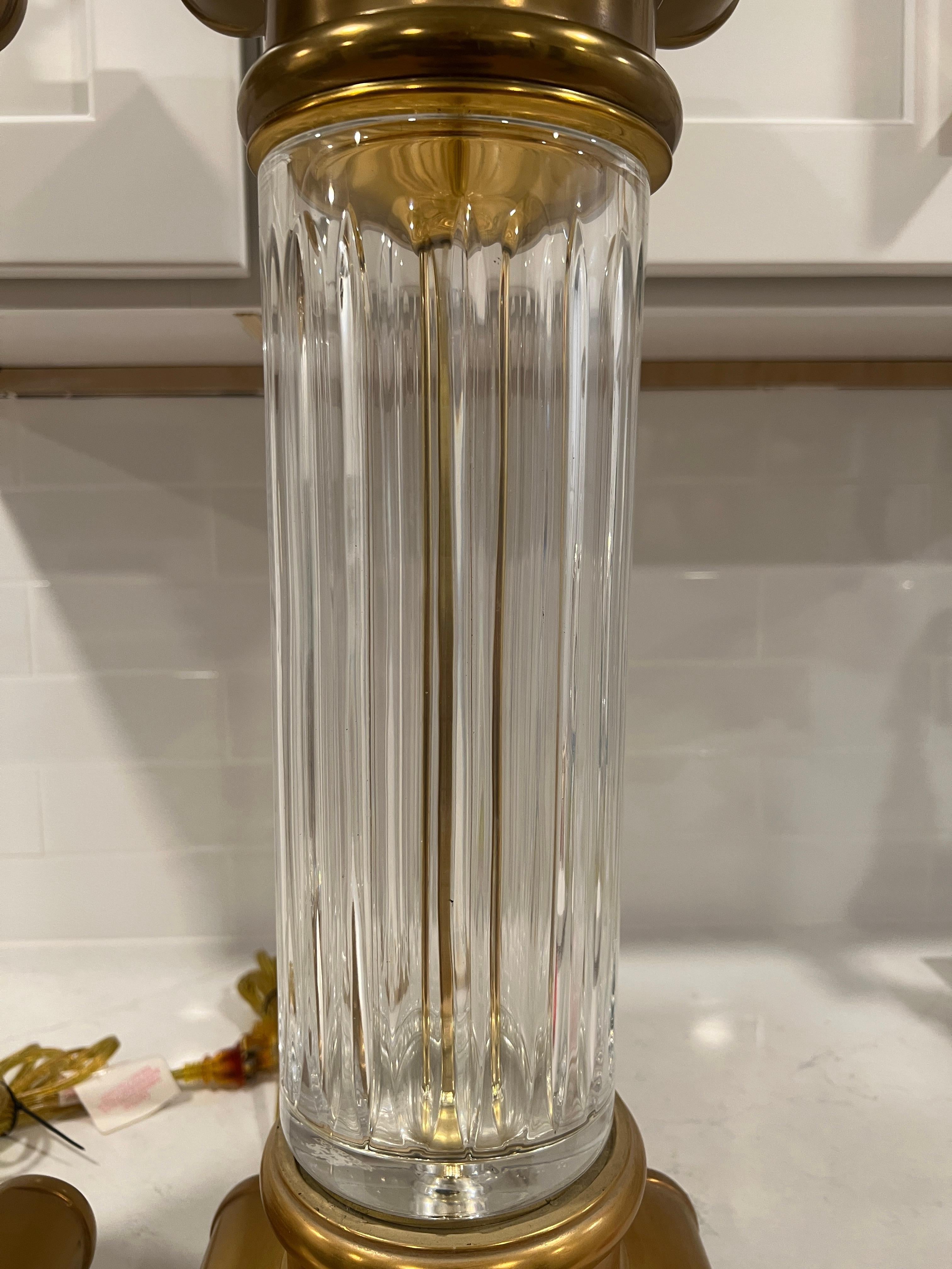 Pair, Vintage Hollywood Regency Style Crystal & Brass Column Table Lamps In Good Condition For Sale In Atlanta, GA