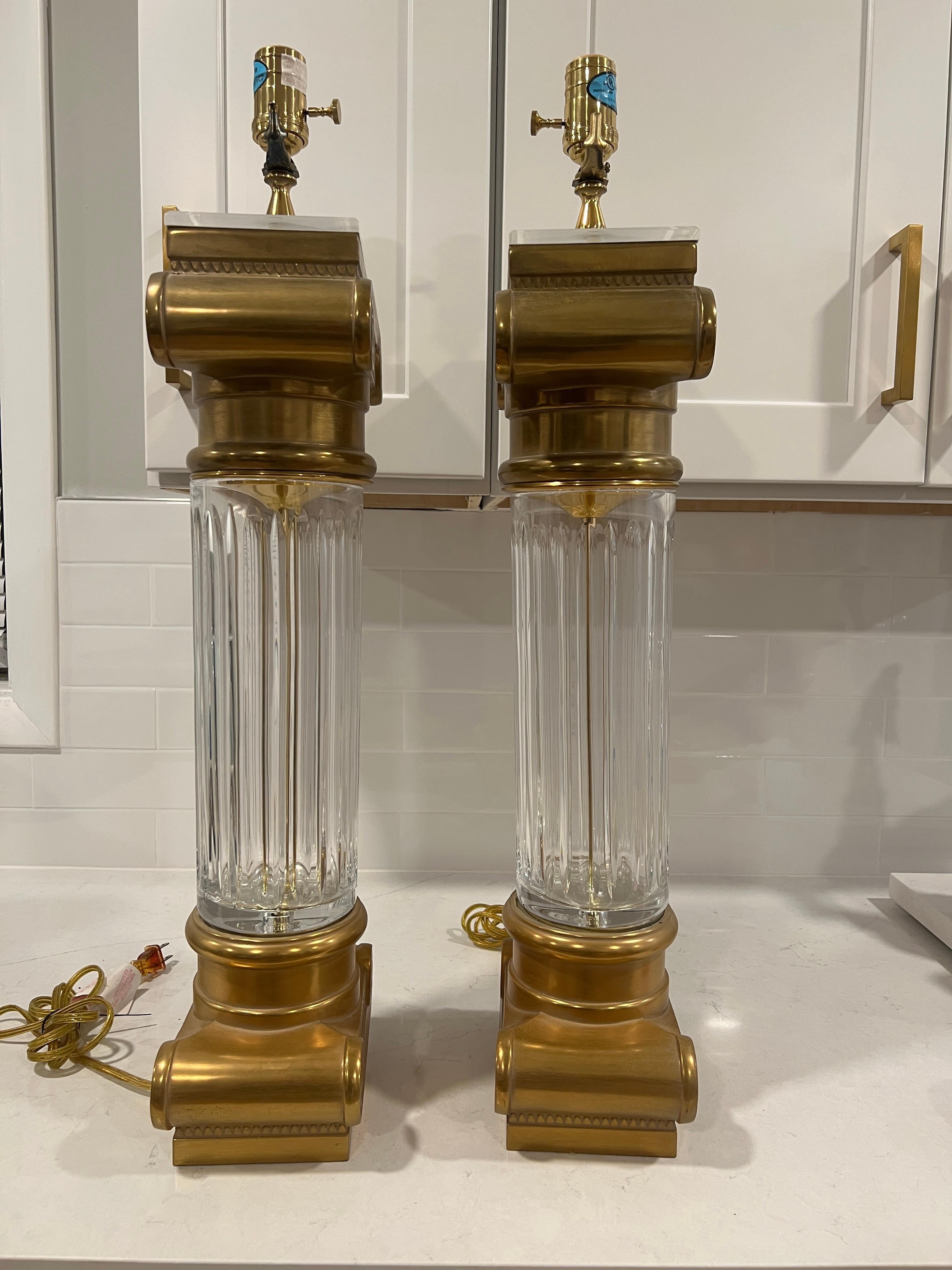 Pair, Vintage Hollywood Regency Style Crystal & Brass Column Table Lamps For Sale 3