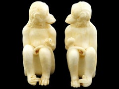 Pair Vintage Italian Alabaster Sculptures of Seated Macaques Monkeys