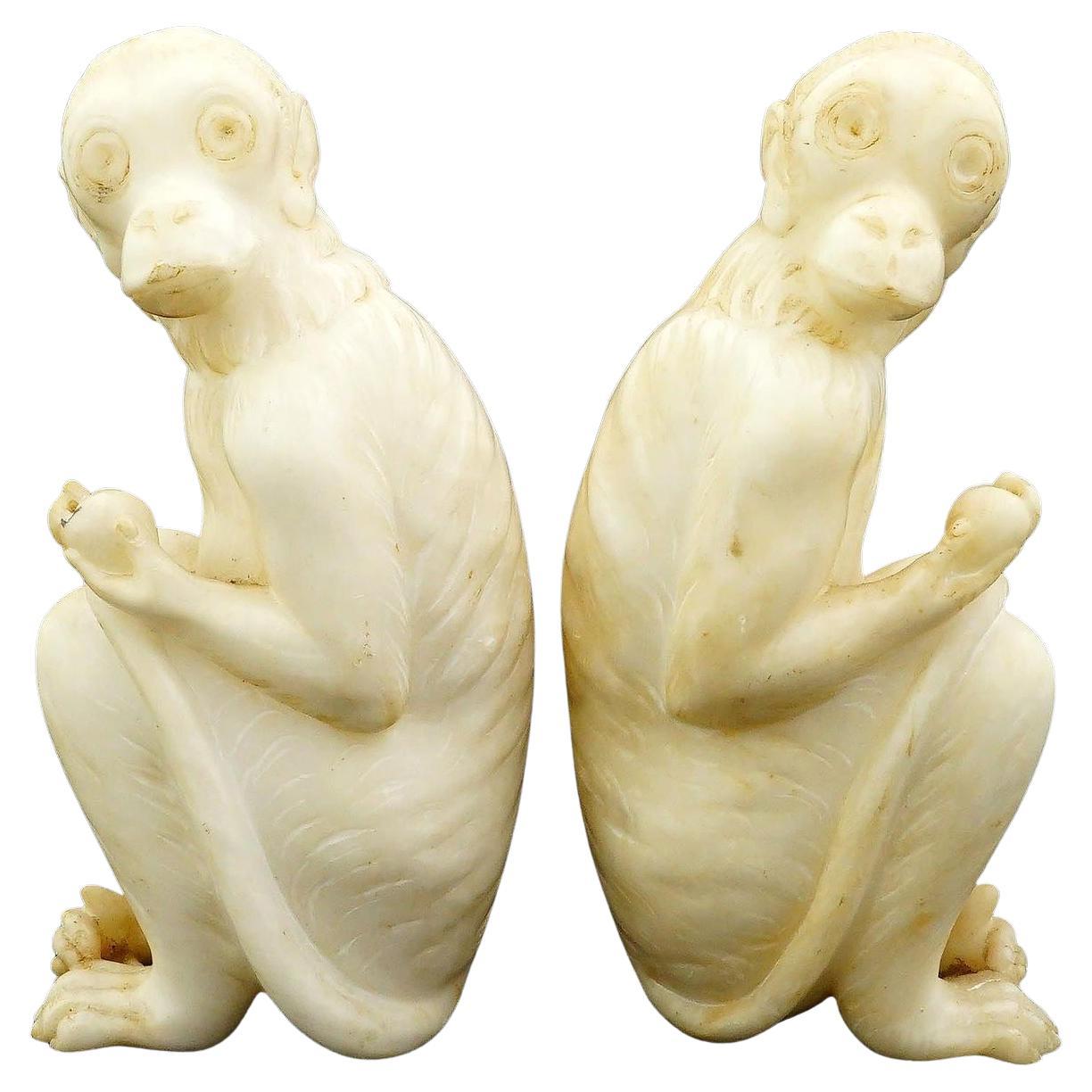 Pair Vintage Italian Alabaster Sculptures of Seated Macaques Monkeys