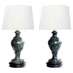 Pair Vintage Italian Baluster-form Verde Antico Marble Lamps