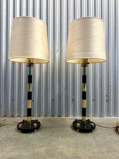 Pair Vintage Italian Brass and Black Enamel Table Lamps