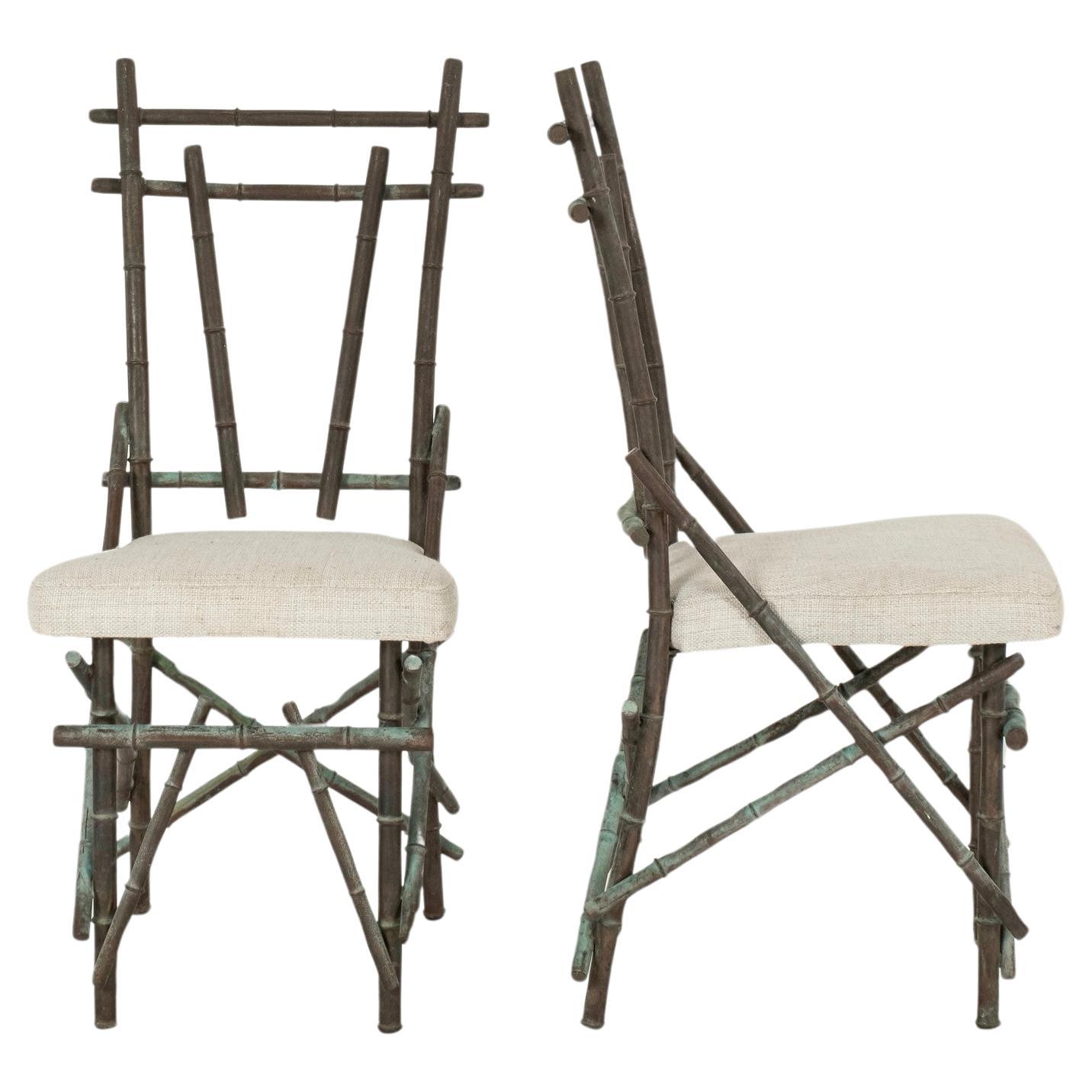 Pair Vintage Italian Bronze Faux-Bamboo Side Chairs For Sale