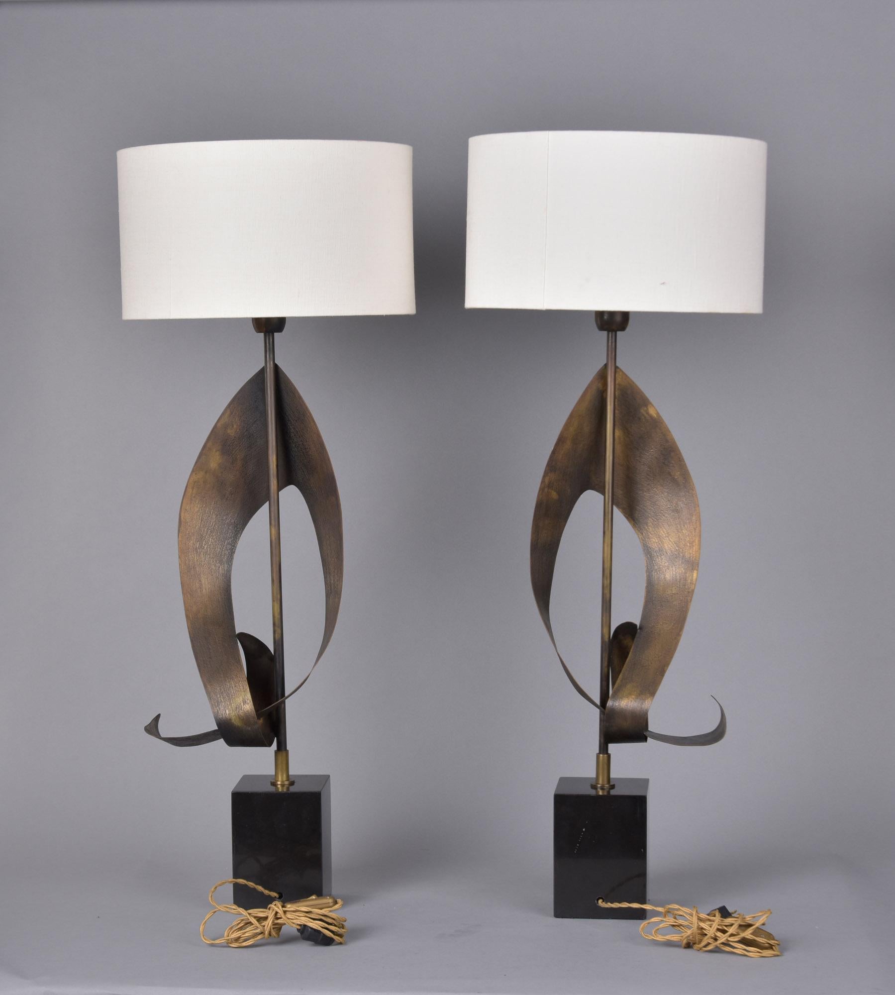 20th Century Pair Vintage Italian Brutalist Style Lamps with White Shades For Sale