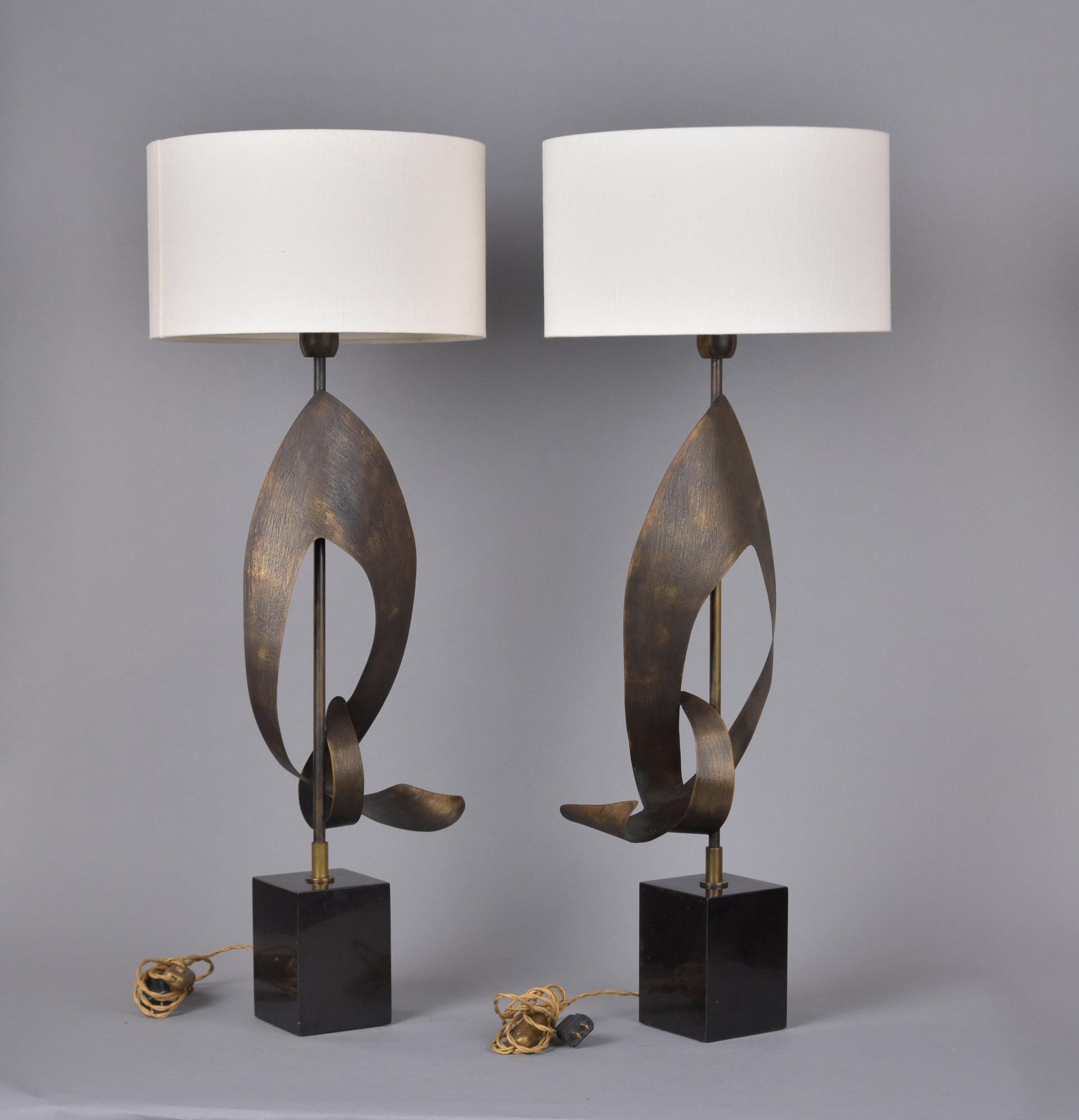 Pair Vintage Italian Brutalist Style Lamps with White Shades For Sale 1