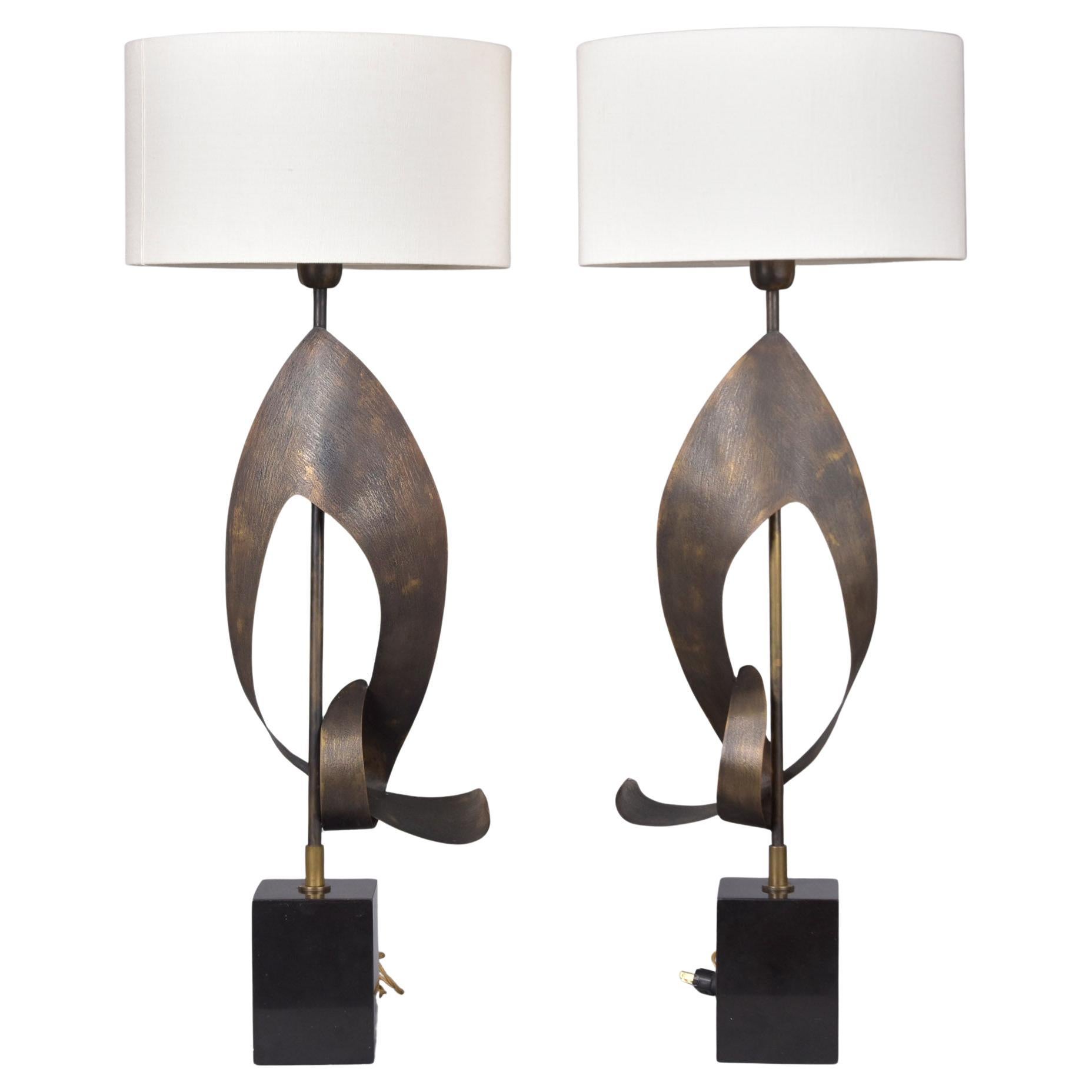 Pair Vintage Italian Brutalist Style Lamps with White Shades For Sale
