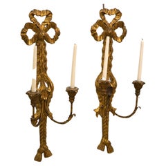 Pair Vintage Italian Carved Wood and Gilt Wall Sconces