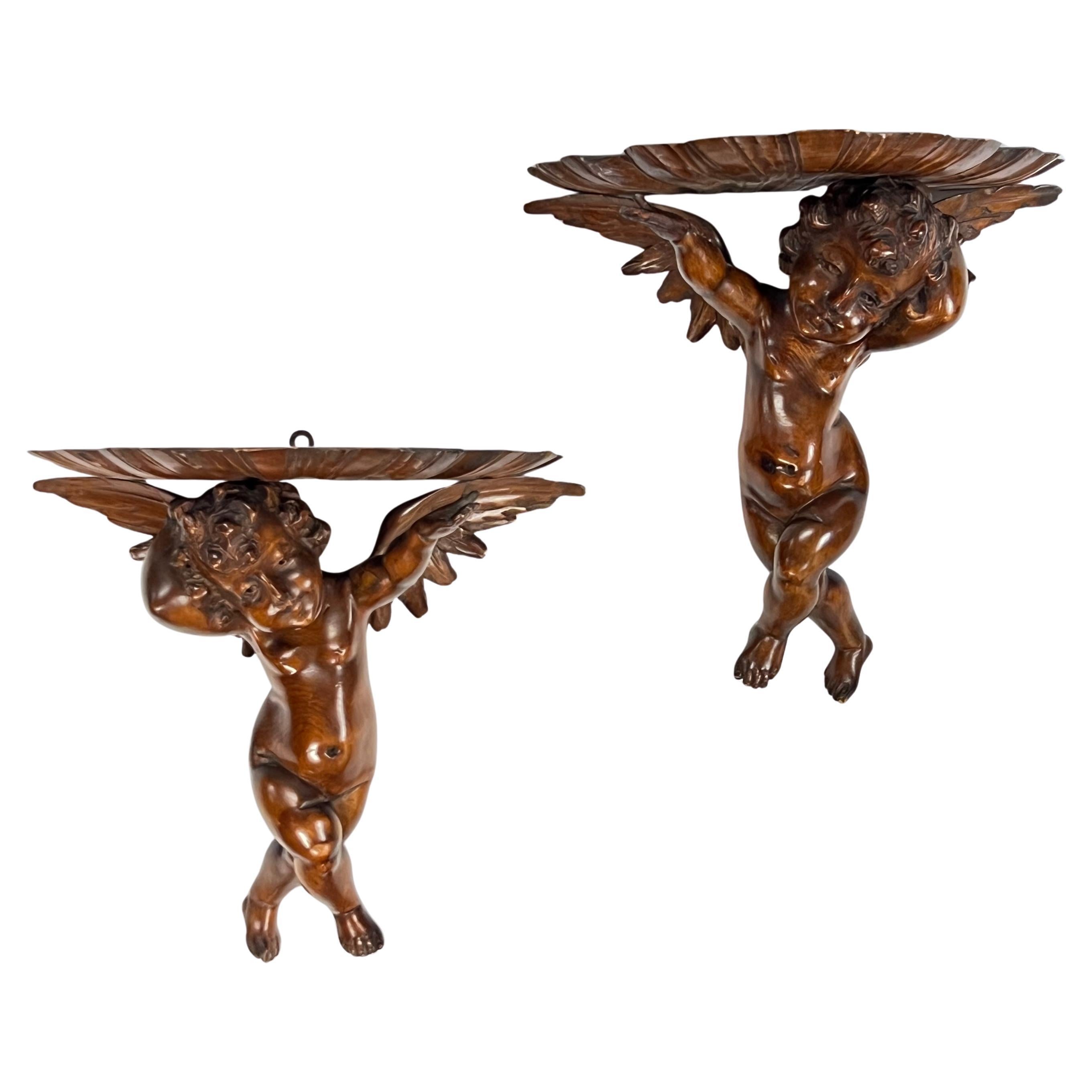 Par de Soportes de Pared de Madera Tallada Putti Figurativos Italianos Vintage