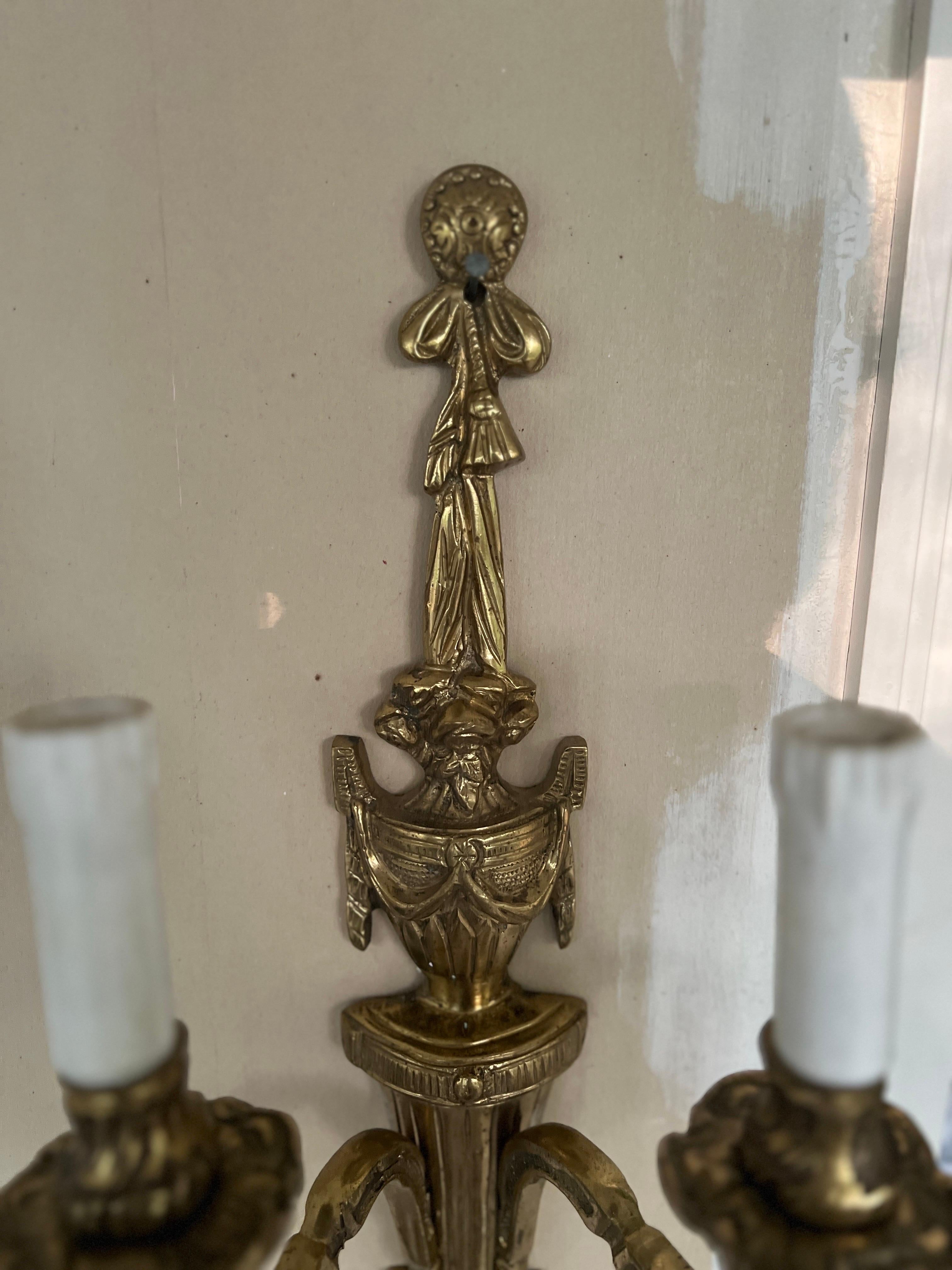 Neoclassical Pair, Vintage Italian Gilt Bronze Two-Light Wall Sconce For Sale