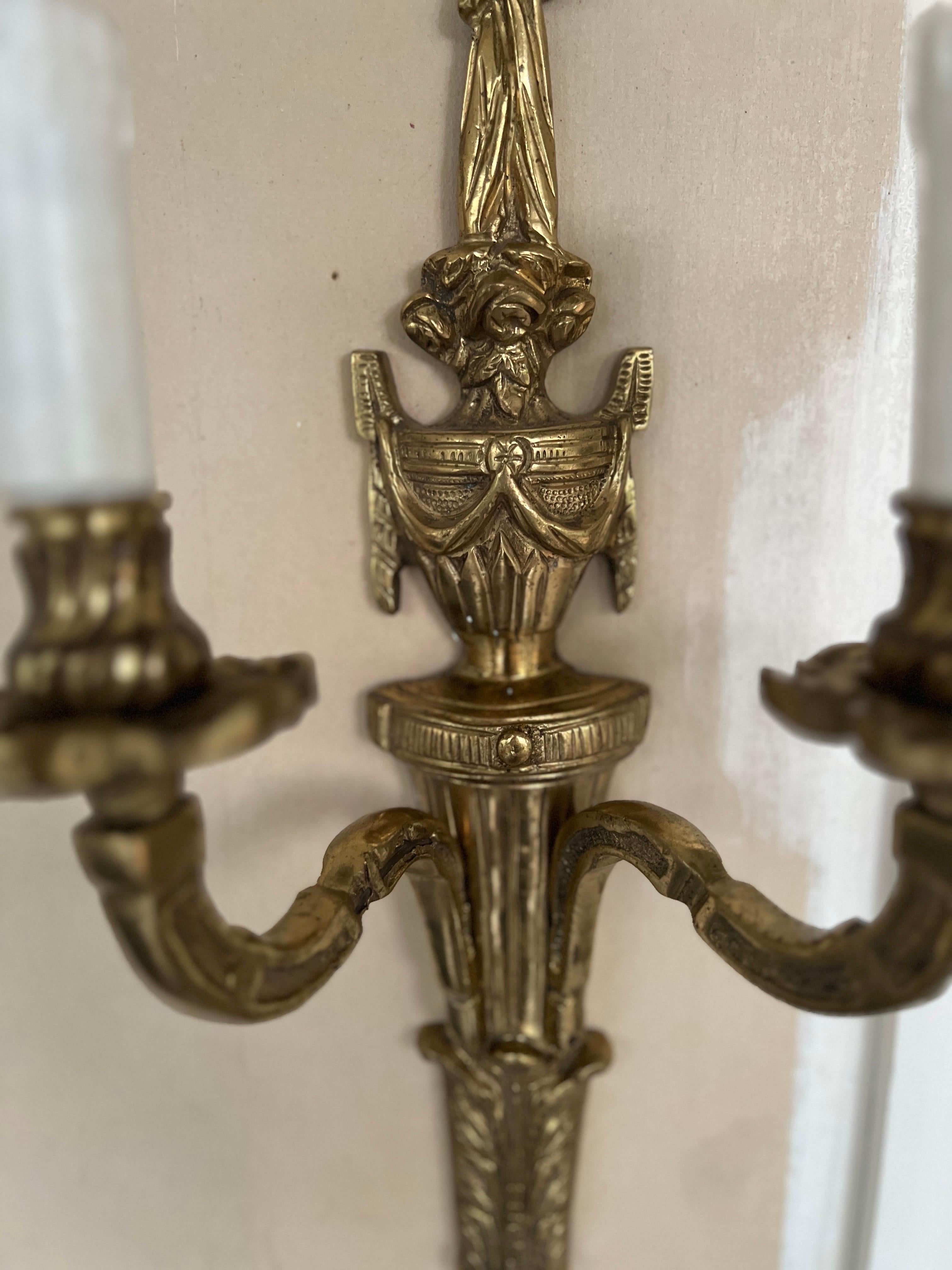 20th Century Pair, Vintage Italian Gilt Bronze Two-Light Wall Sconce For Sale