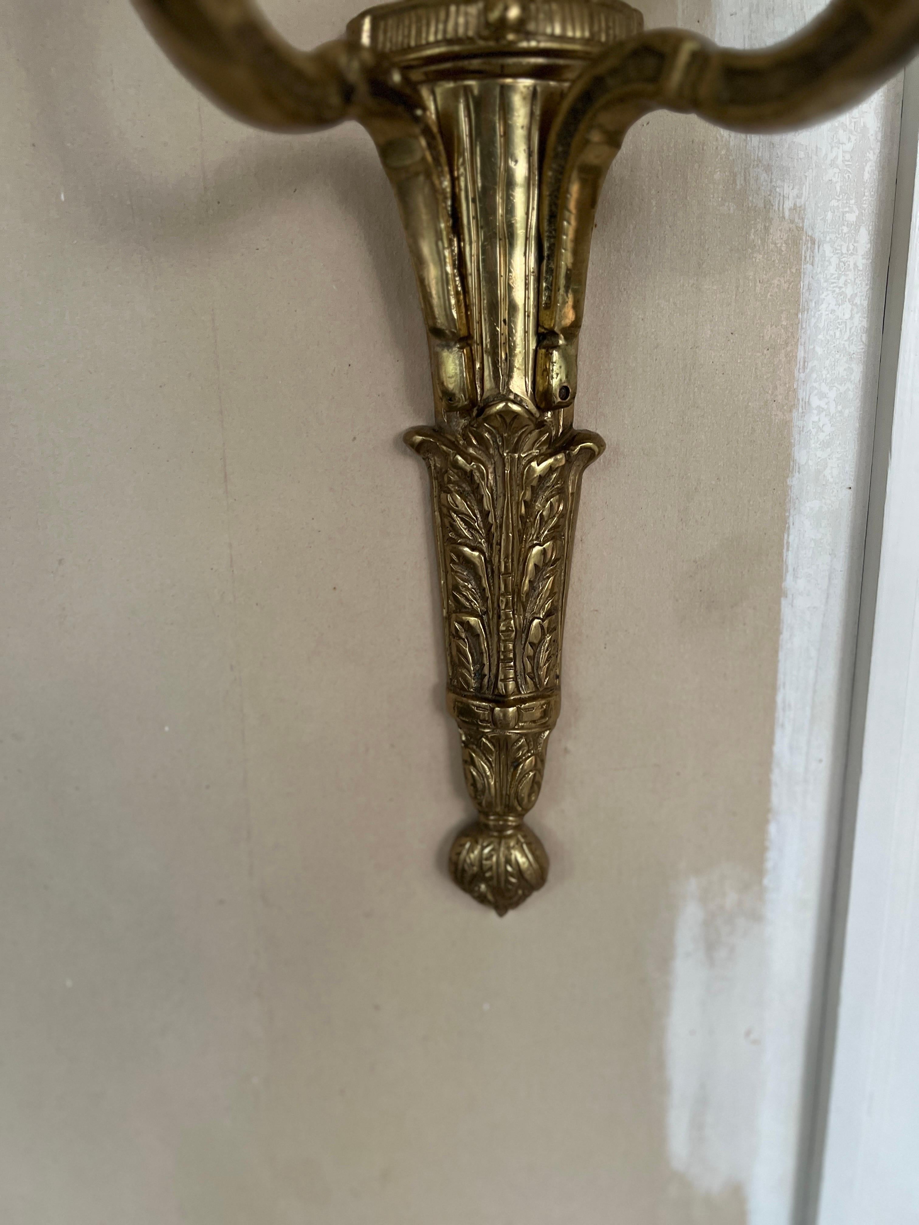 Pair, Vintage Italian Gilt Bronze Two-Light Wall Sconce For Sale 1
