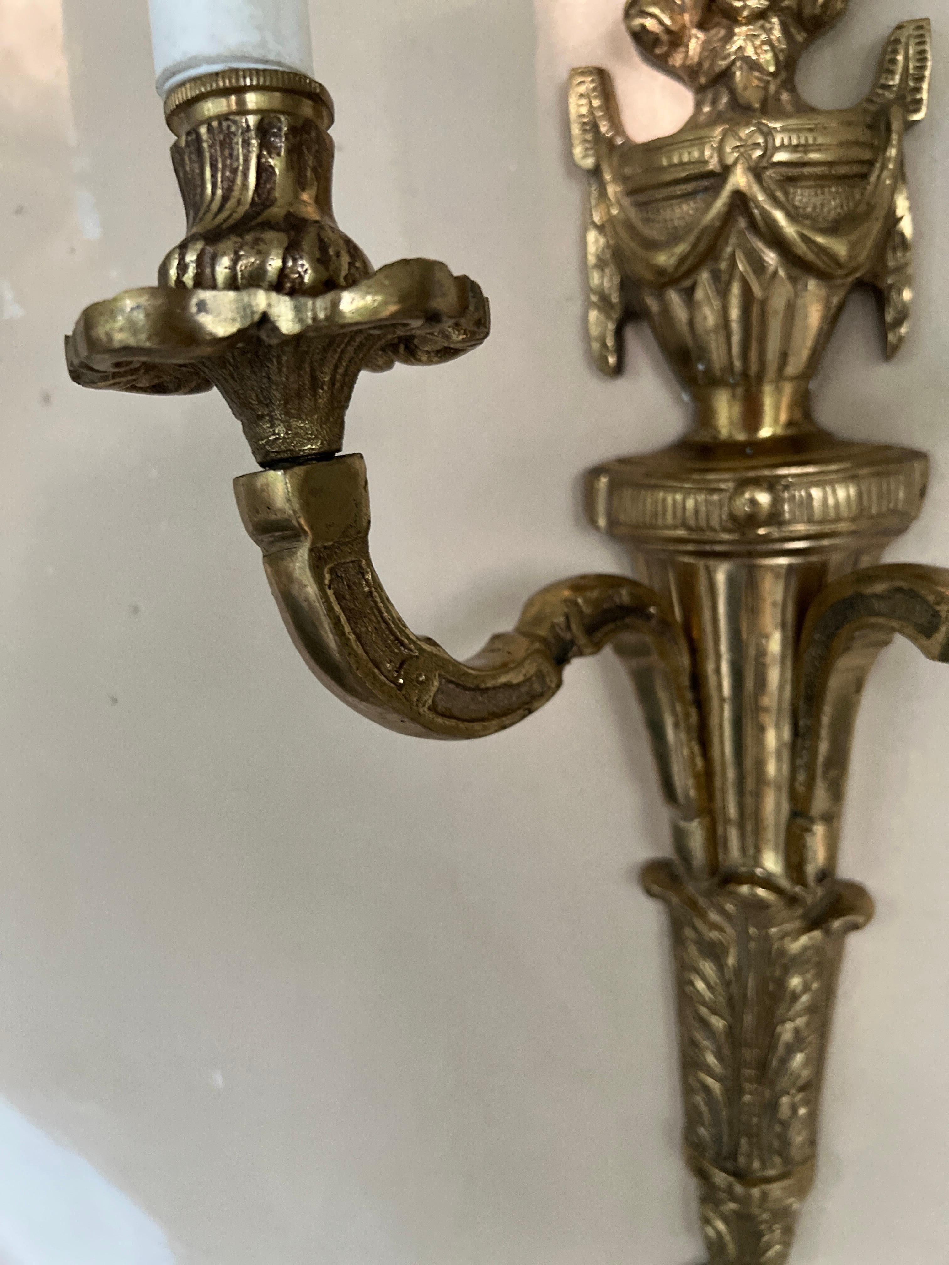 Pair, Vintage Italian Gilt Bronze Two-Light Wall Sconce For Sale 2