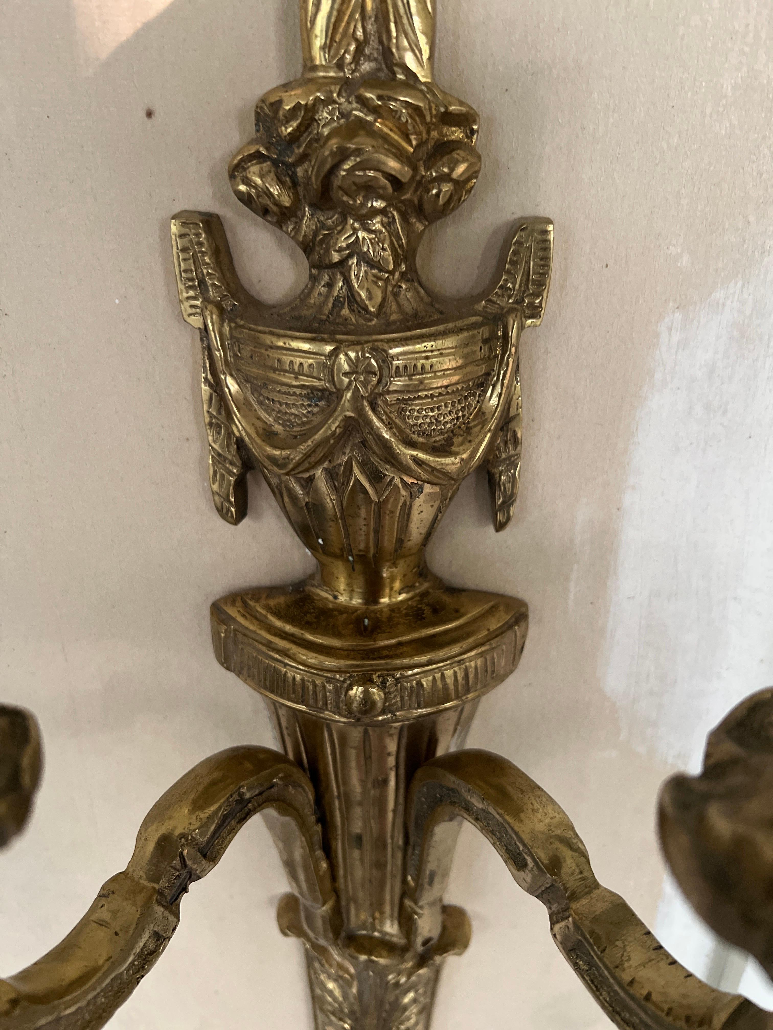 Pair, Vintage Italian Gilt Bronze Two-Light Wall Sconce For Sale 4