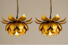 Paire de pendentifs/lustres vintage italiens en métal doré en forme de fleur de lotus