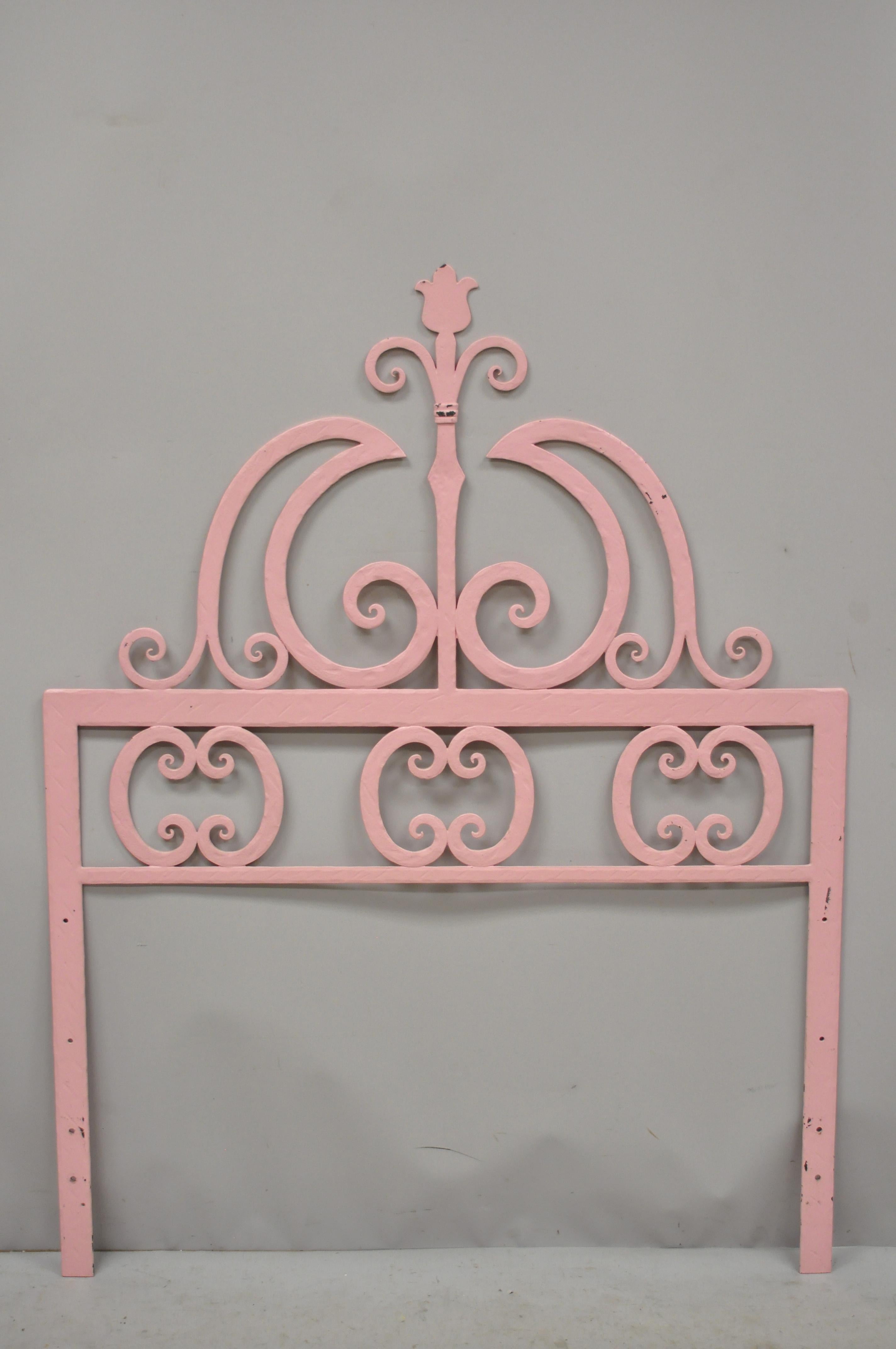 Item: Pair of vintage Italian Gothic iron Hollywood Regency twin size bed headboards. Can be used with a king size mattress when placed next to each other with legs overlapped. A king size mattress is approximately 76