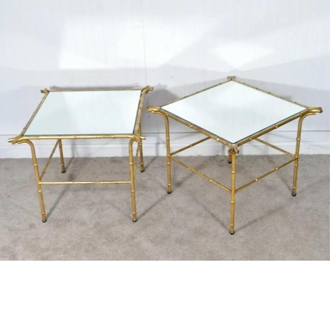 Pair Vintage Italian Hollywood Regency Faux Bamboo Gold Mirror Iron Side Tables For Sale 6