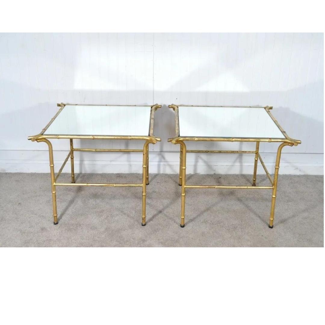 Pair Vintage Italian Hollywood Regency Faux Bamboo Gold Mirror Iron Side Tables. Circa Mid 20th Century. Measurements: 18.25