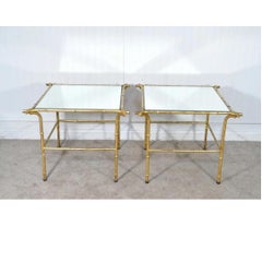 Pair Vintage Italian Hollywood Regency Faux Bamboo Gold Mirror Iron Side Tables