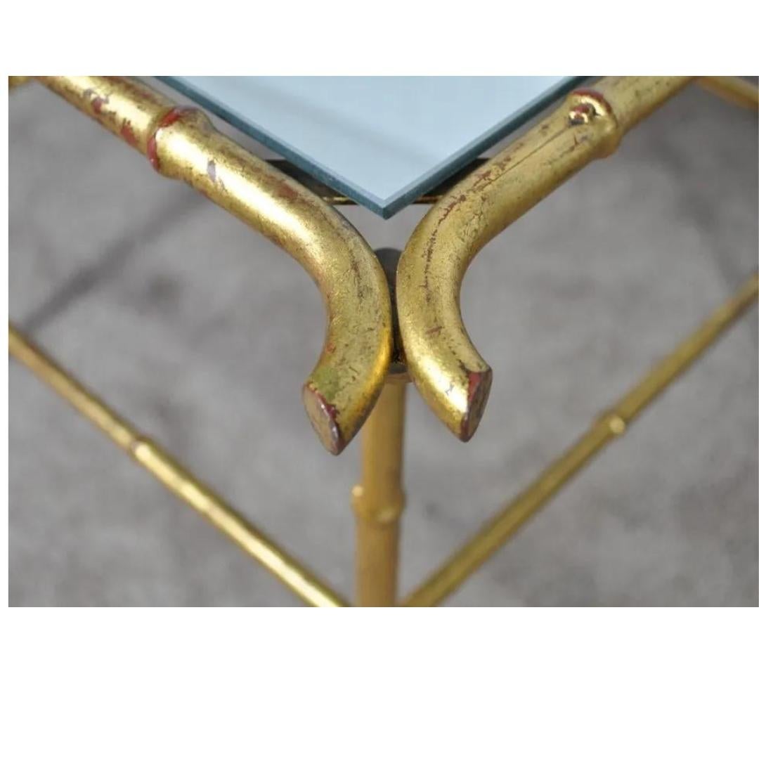 Pair Vintage Italian Hollywood Regency Faux Bamboo Gold Mirror Iron Side Tables In Good Condition For Sale In Philadelphia, PA