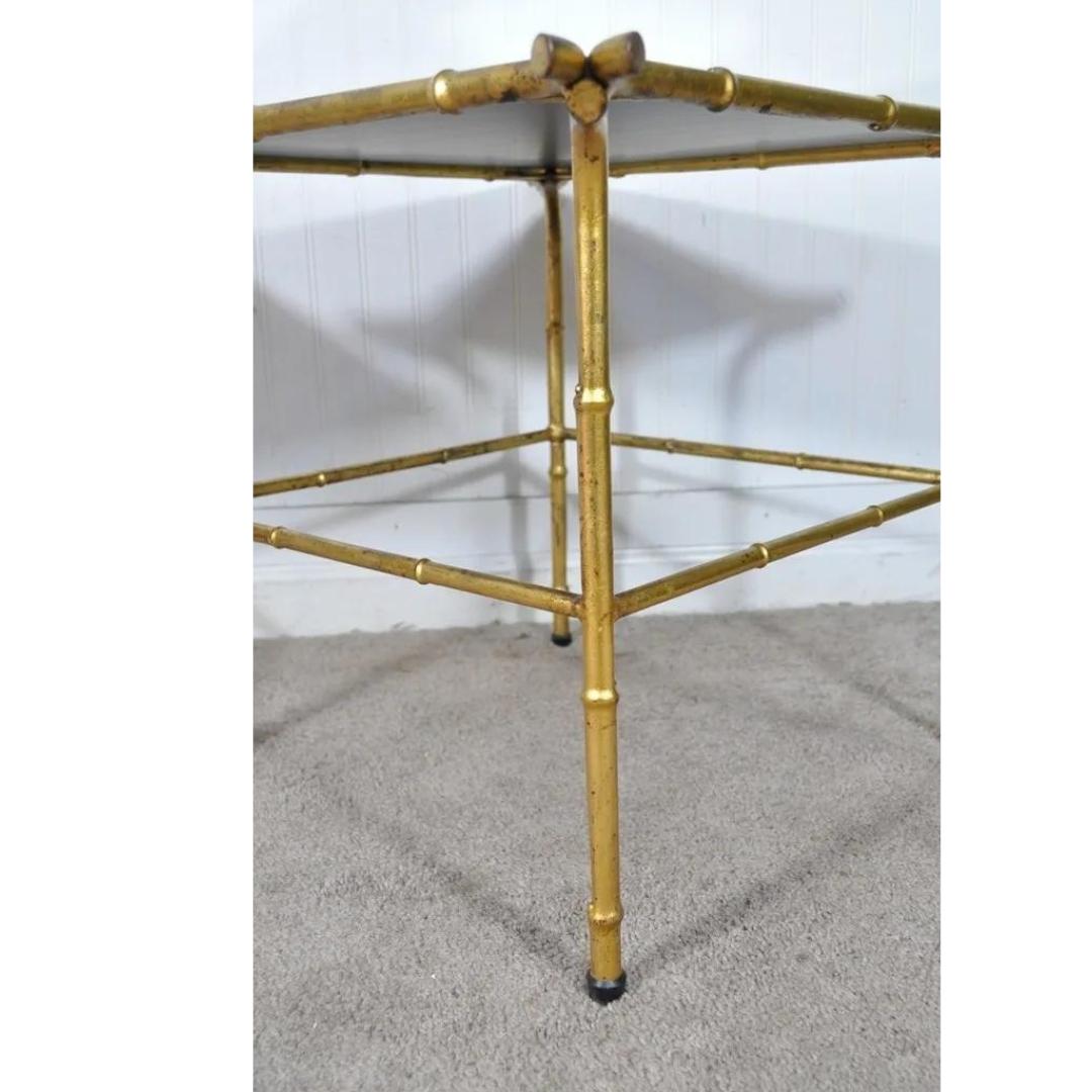 20th Century Pair Vintage Italian Hollywood Regency Faux Bamboo Gold Mirror Iron Side Tables For Sale