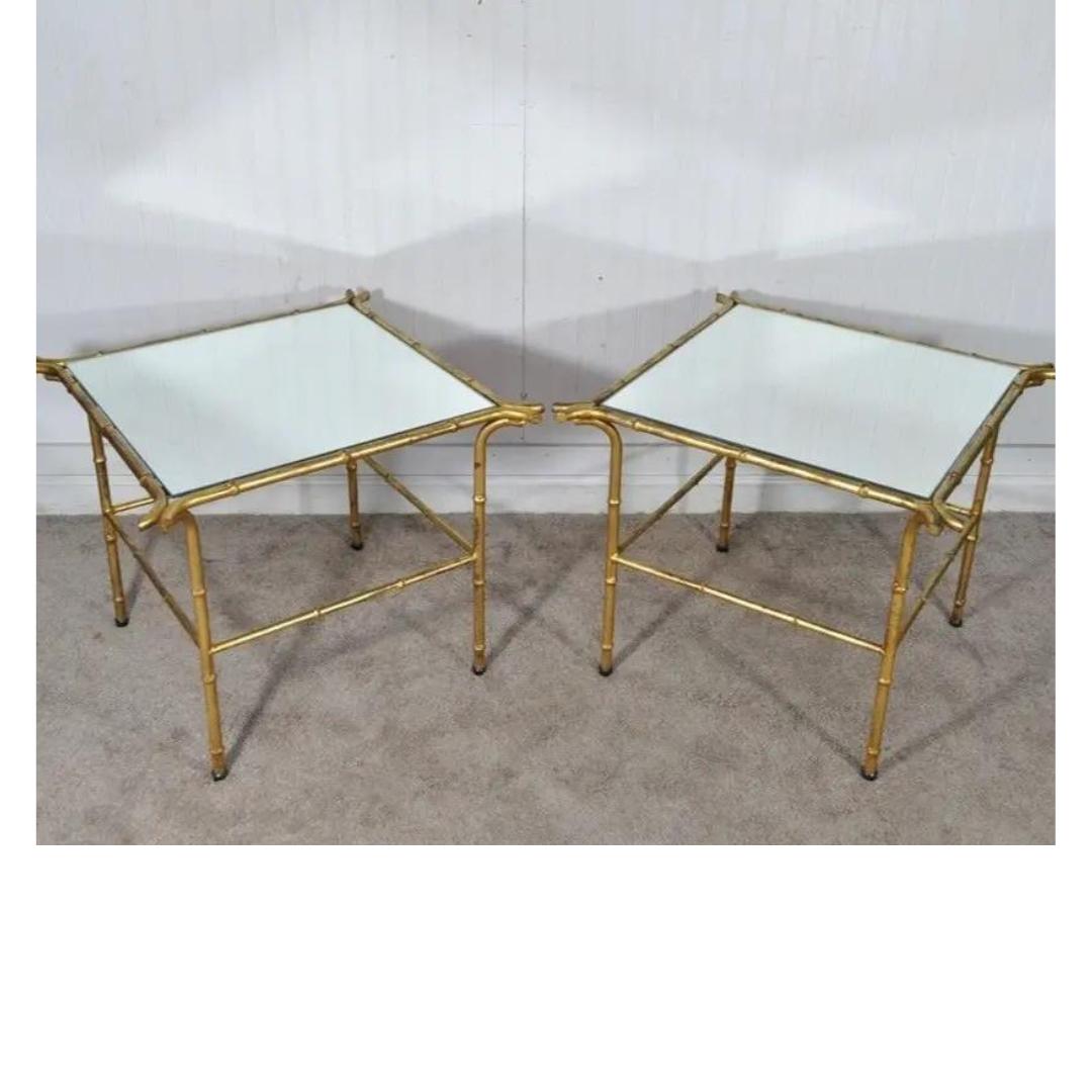 Pair Vintage Italian Hollywood Regency Faux Bamboo Gold Mirror Iron Side Tables For Sale 2