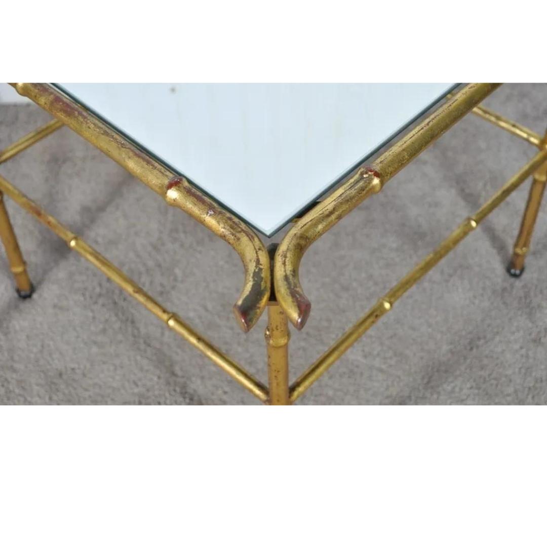 Pair Vintage Italian Hollywood Regency Faux Bamboo Gold Mirror Iron Side Tables For Sale 4