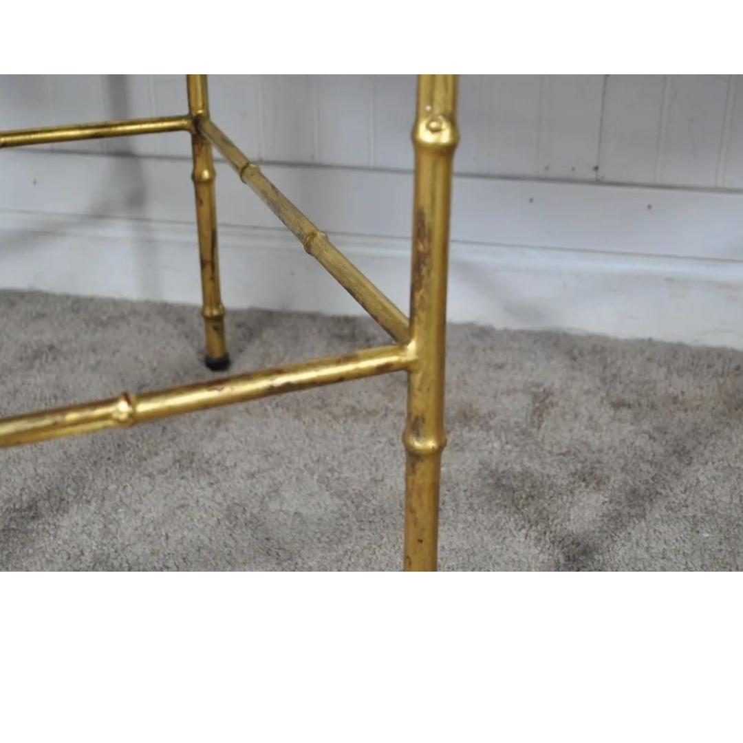 Pair Vintage Italian Hollywood Regency Faux Bamboo Gold Mirror Iron Side Tables For Sale 5