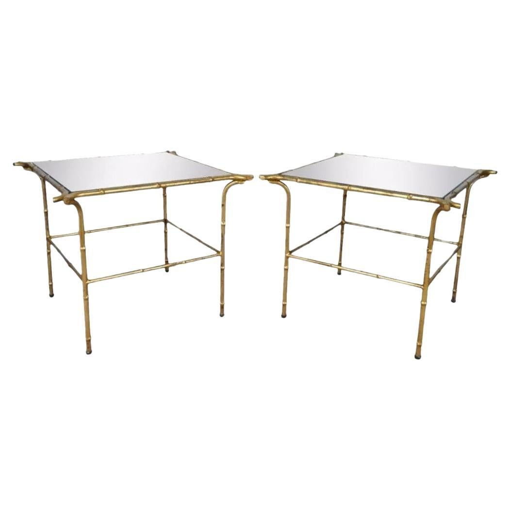 Pair Vintage Italian Hollywood Regency Faux Bamboo Gold Mirror Iron Side Tables For Sale