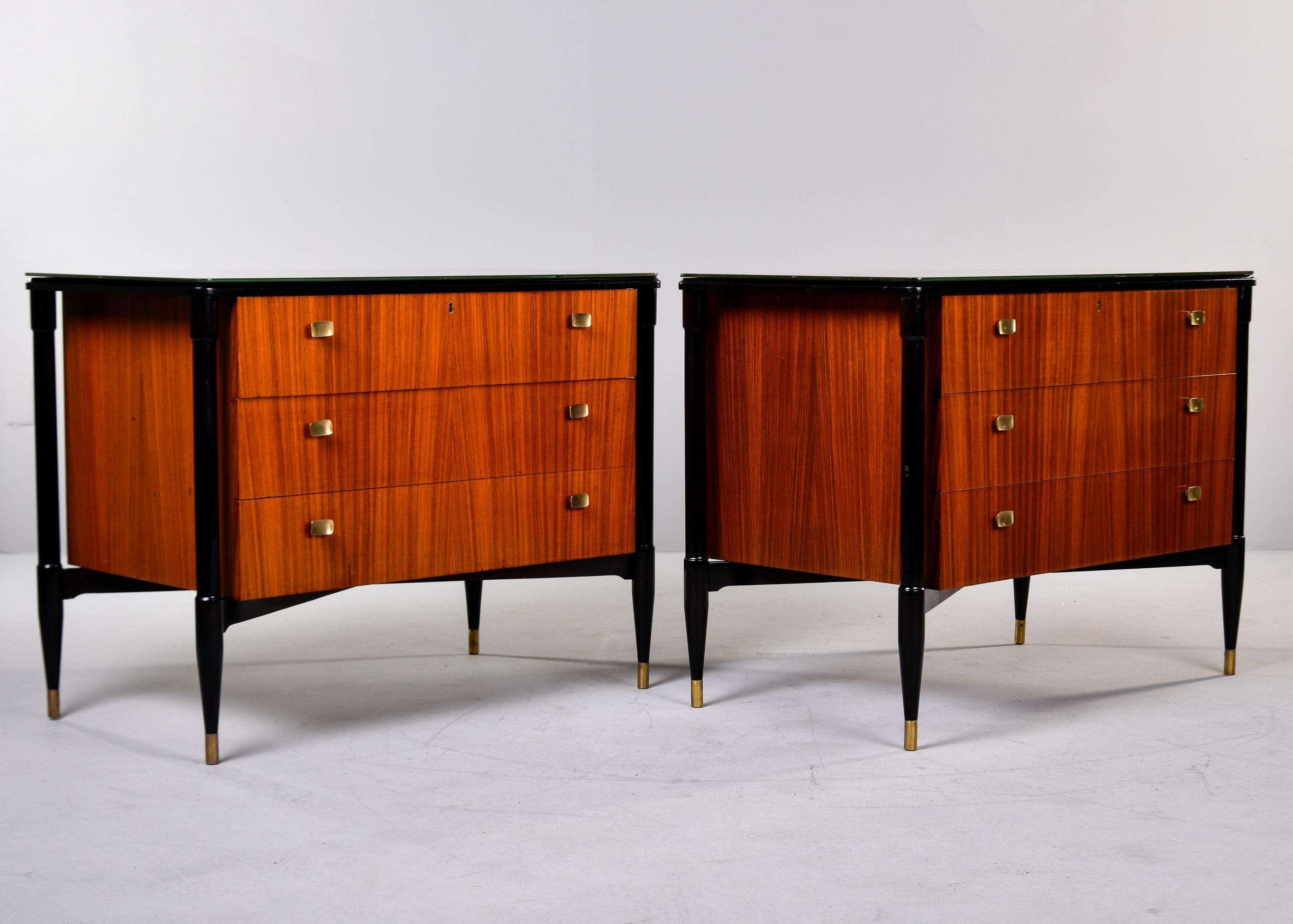 Pair Vintage Italian Mahogany 3 Drawer Side Chests with Black Legs & Brass Feet For Sale 5
