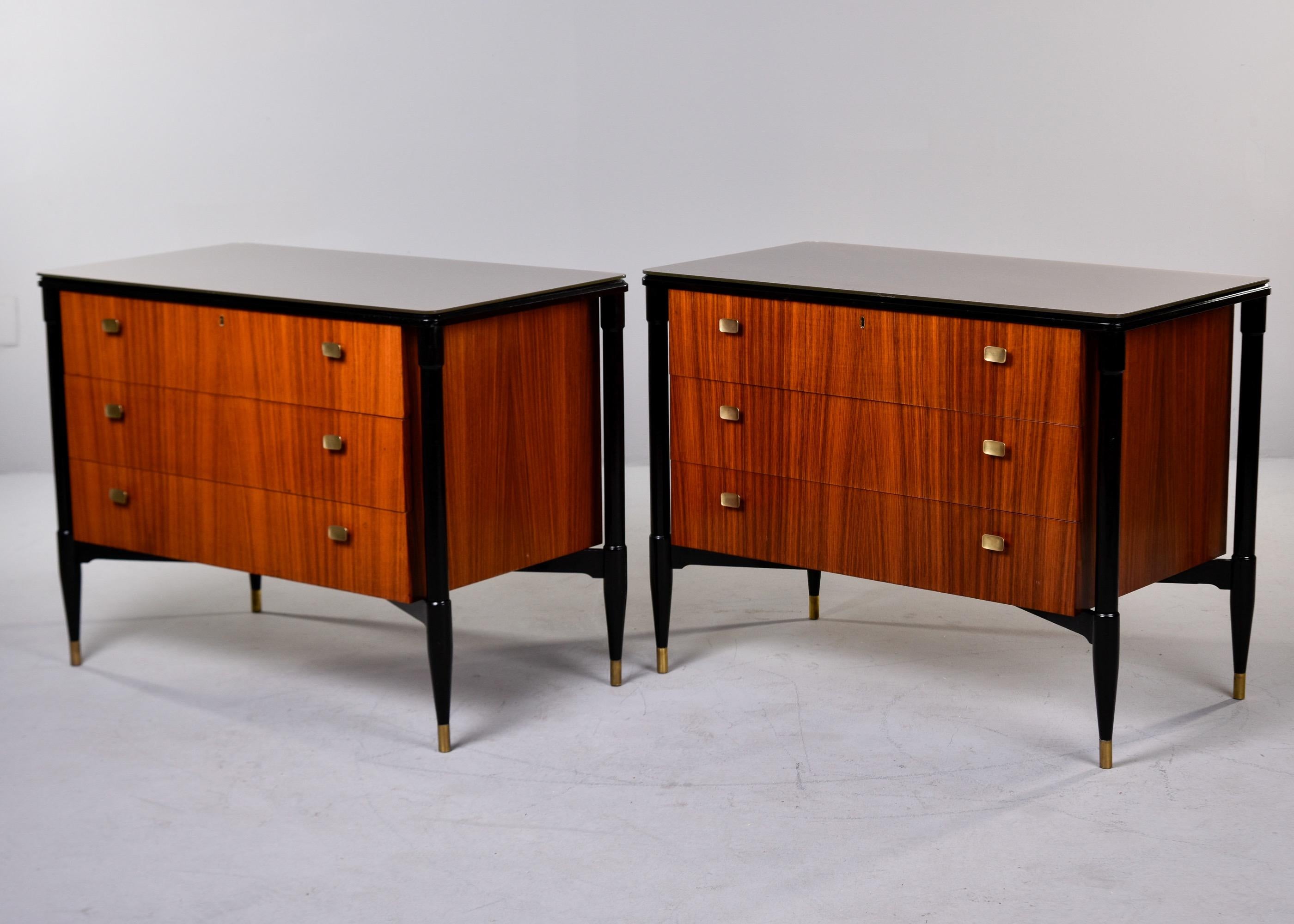 Mid-Century Modern Pair Vintage Italian Mahogany 3 Drawer Side Chests with Black Legs & Brass Feet For Sale