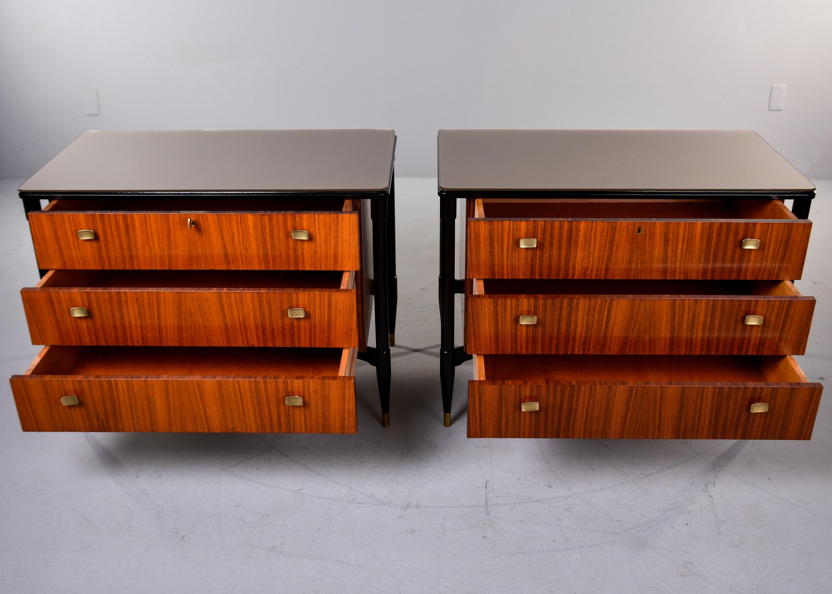 Pair Vintage Italian Mahogany 3 Drawer Side Chests with Black Legs & Brass Feet For Sale 2