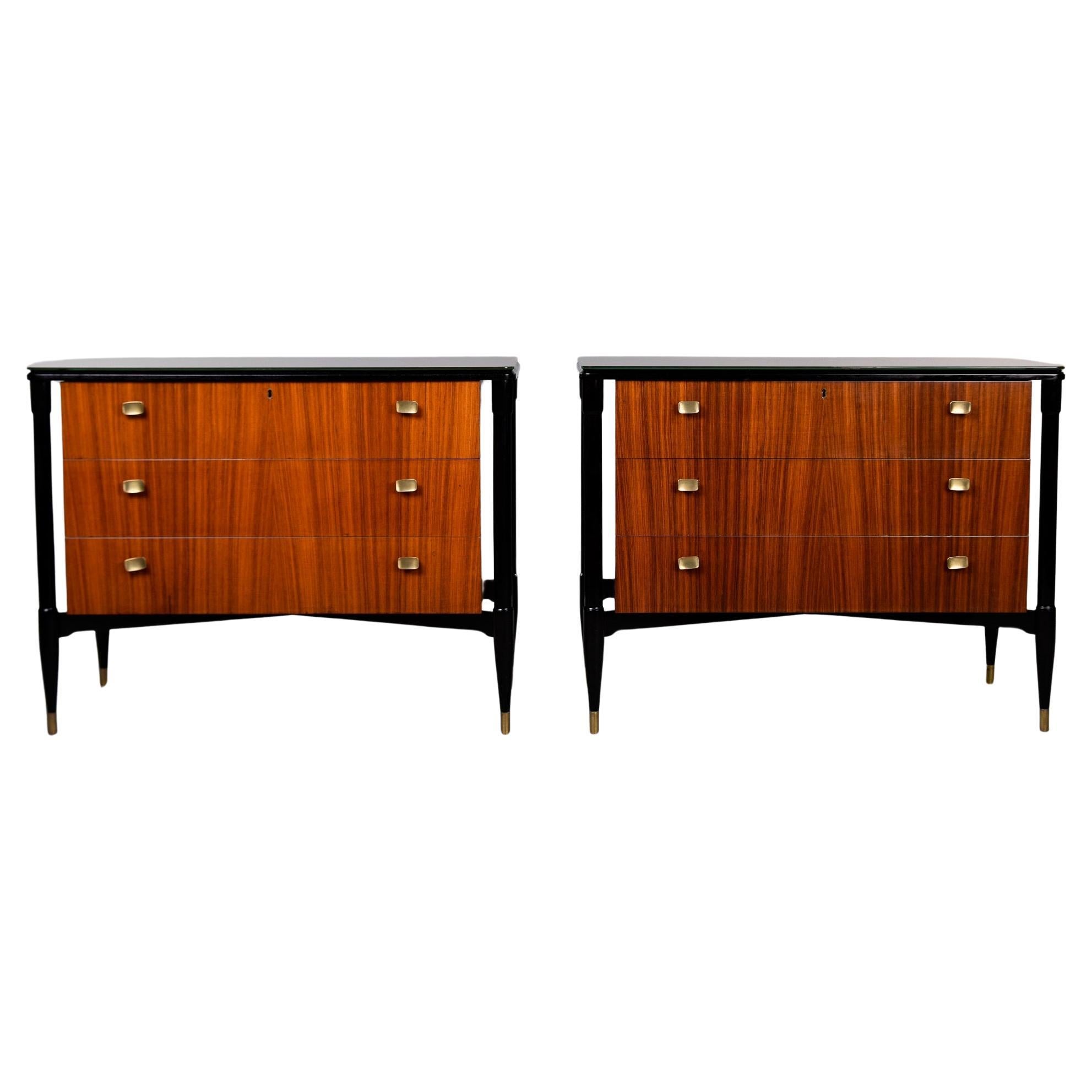 Pair Vintage Italian Mahogany 3 Drawer Side Chests with Black Legs & Brass Feet For Sale