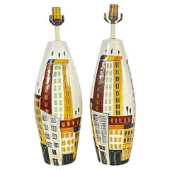 Pair Vintage Italian Mid Century Aldo Londi for Bitossi Cityscape Table Lamps