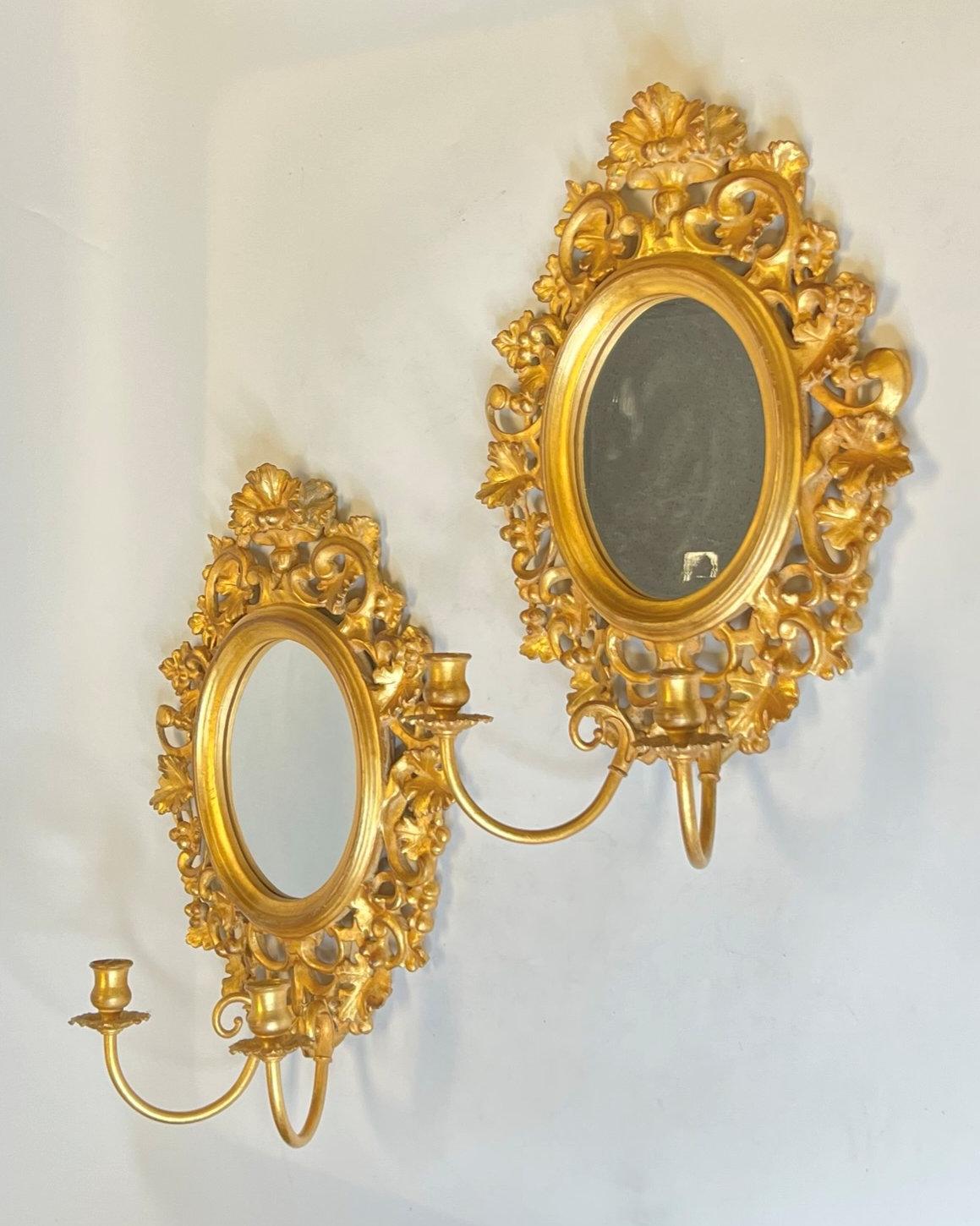 Pair Vintage Italian Neoclassical Giltwood Gilt Metal Girandole Mirrored Sconces For Sale 5