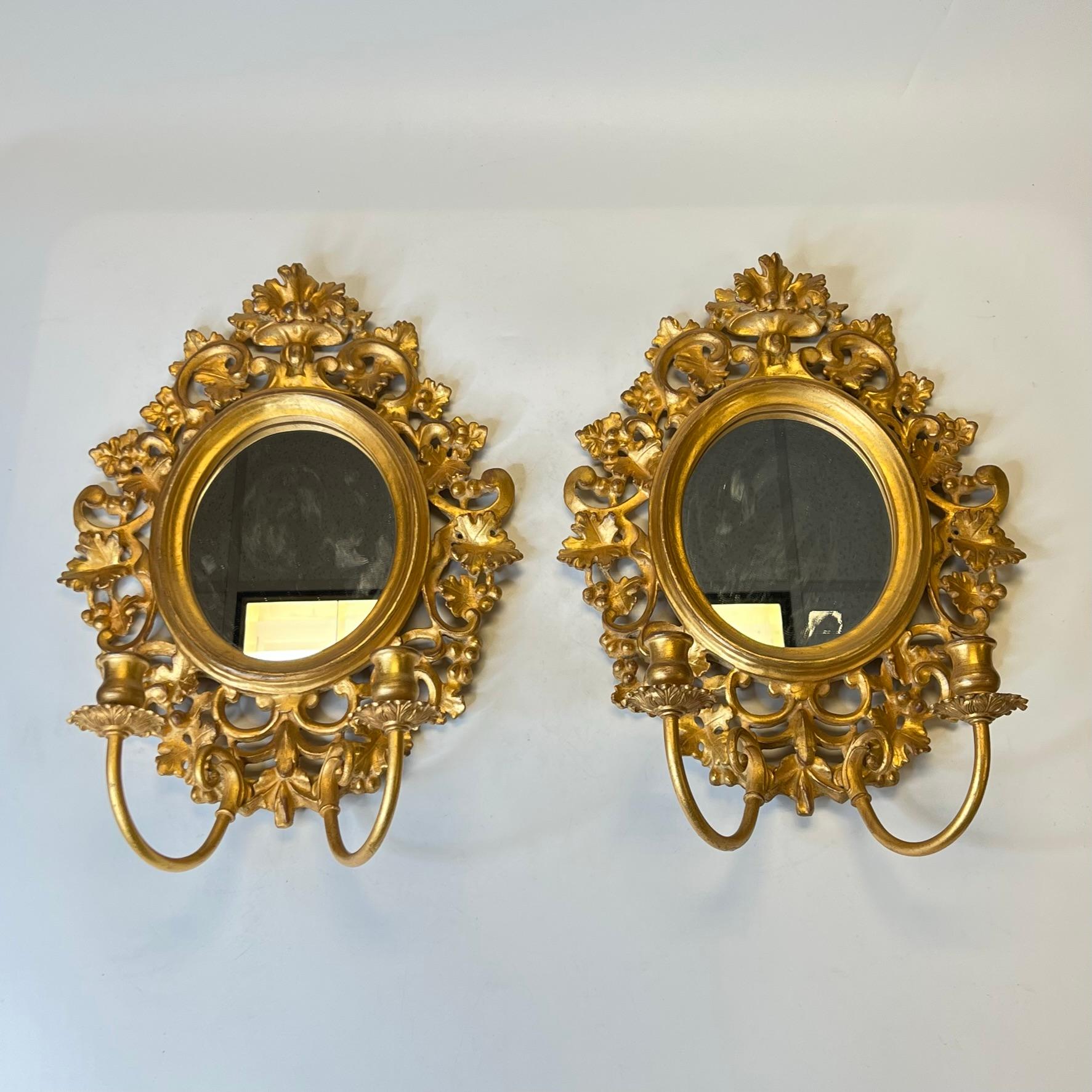 20th Century Pair Vintage Italian Neoclassical Giltwood Gilt Metal Girandole Mirrored Sconces For Sale