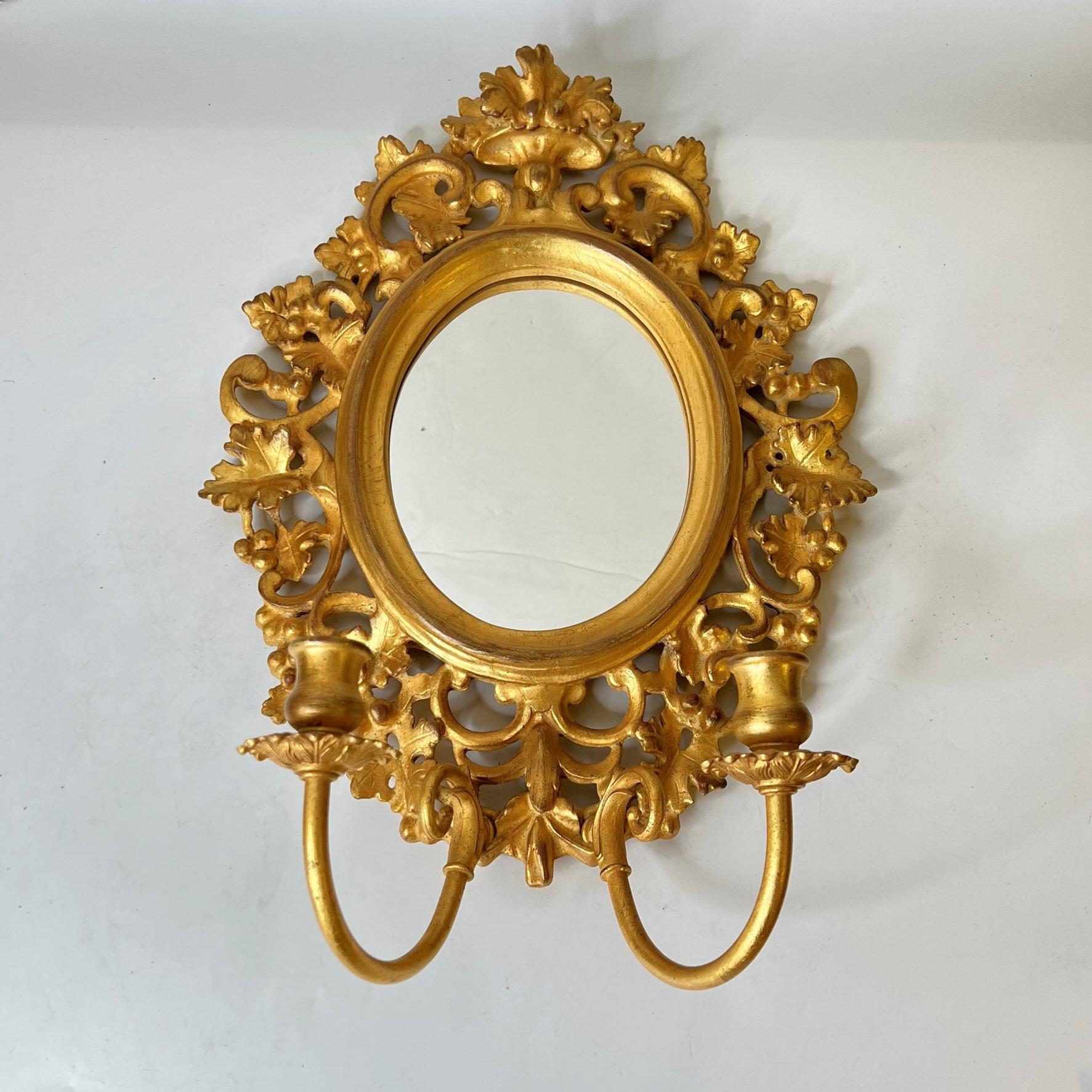 Pair Vintage Italian Neoclassical Giltwood Gilt Metal Girandole Mirrored Sconces For Sale 1