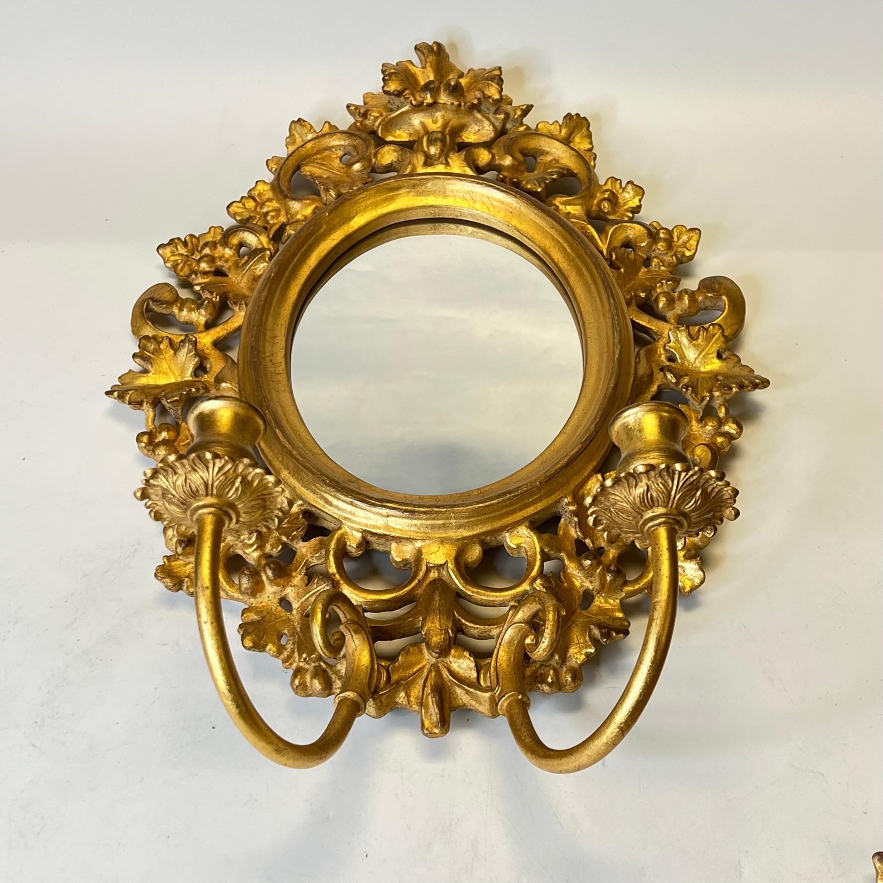 Pair Vintage Italian Neoclassical Giltwood Gilt Metal Girandole Mirrored Sconces For Sale 4