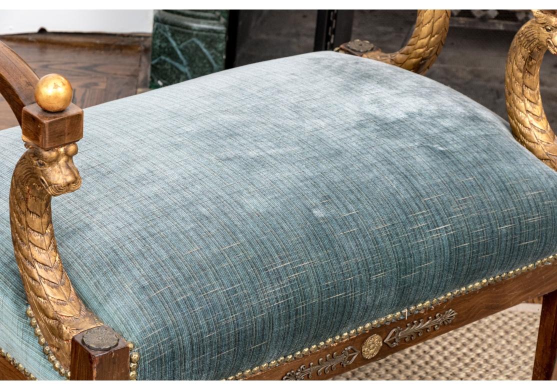Pair Vintage Italian Regency Style Carved & Gilt Upholstered Window Benches For Sale 4