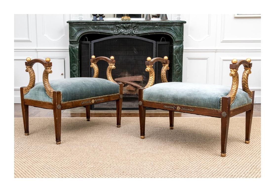 Pair Vintage Italian Regency Style Carved & Gilt Upholstered Window Benches For Sale 11
