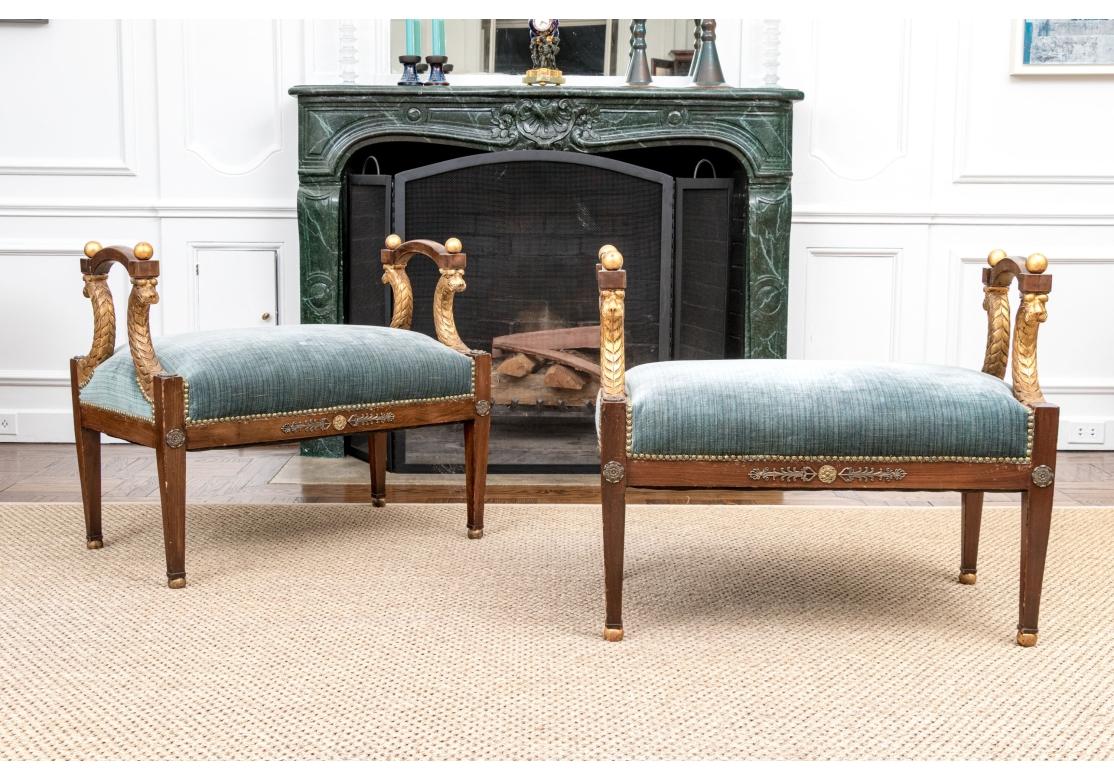 Brass Pair Vintage Italian Regency Style Carved & Gilt Upholstered Window Benches For Sale