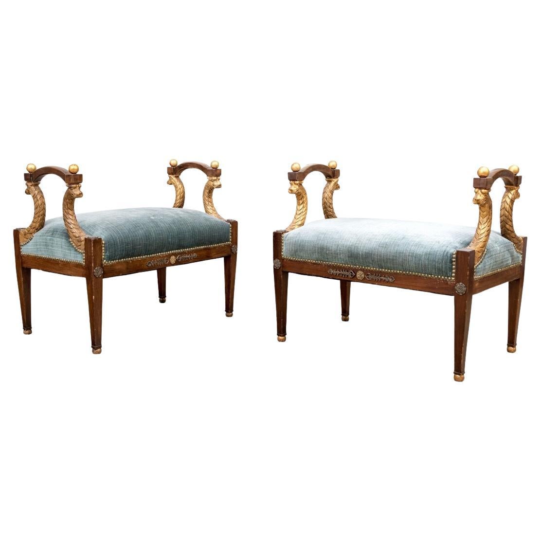 Pair Vintage Italian Regency Style Carved & Gilt Upholstered Window Benches