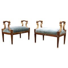 Pair Vintage Italian Regency Style Carved & Gilt Upholstered Window Benches