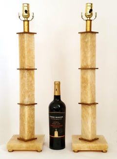 Pair Vintage Italian Rialto Marble & Gold Leaf Art Deco Style Table Lamps, 1990s