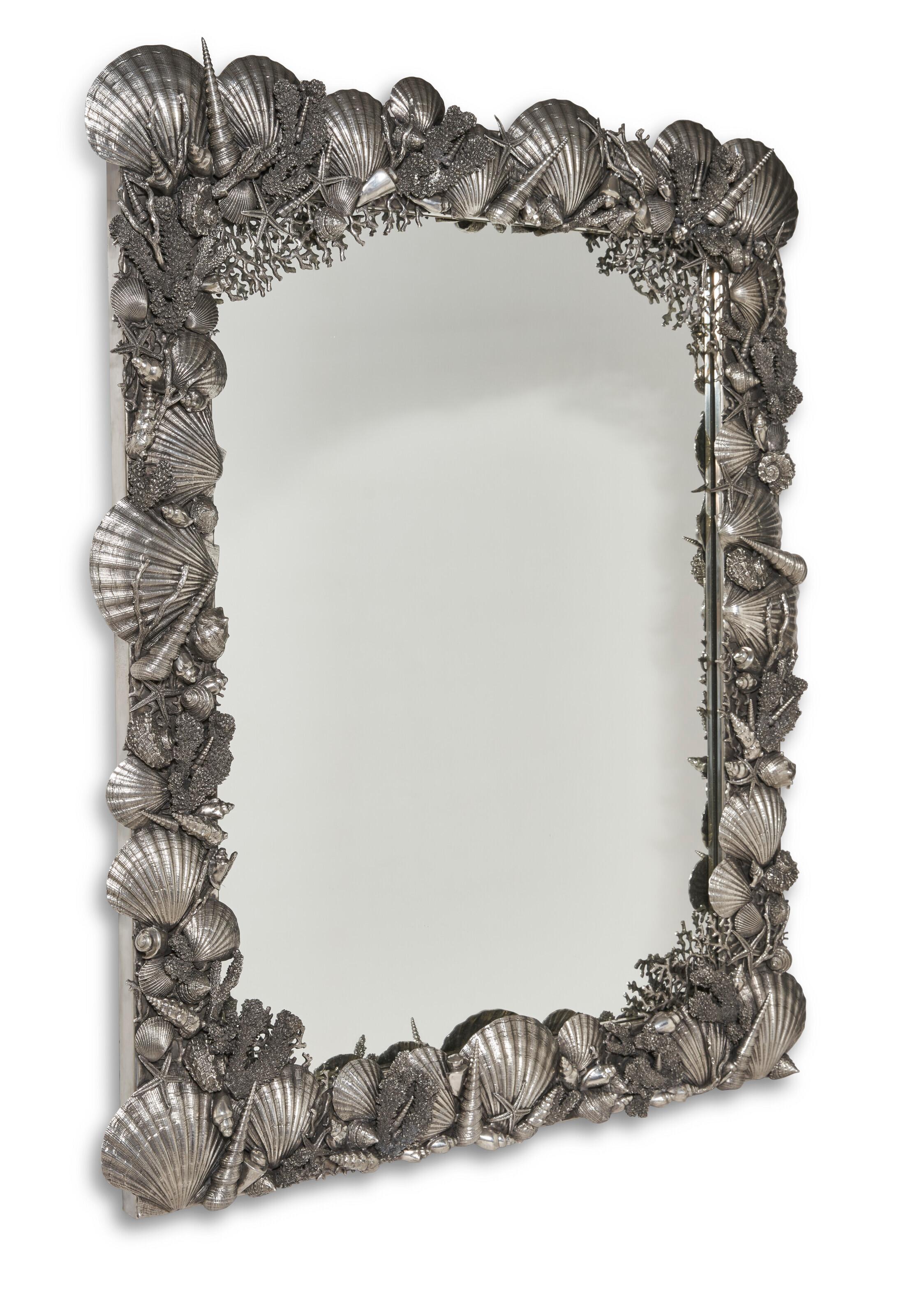 Pair Vintage Italian Seashell Form Polished Pewter Wall Mirrors In Good Condition For Sale In New York, US