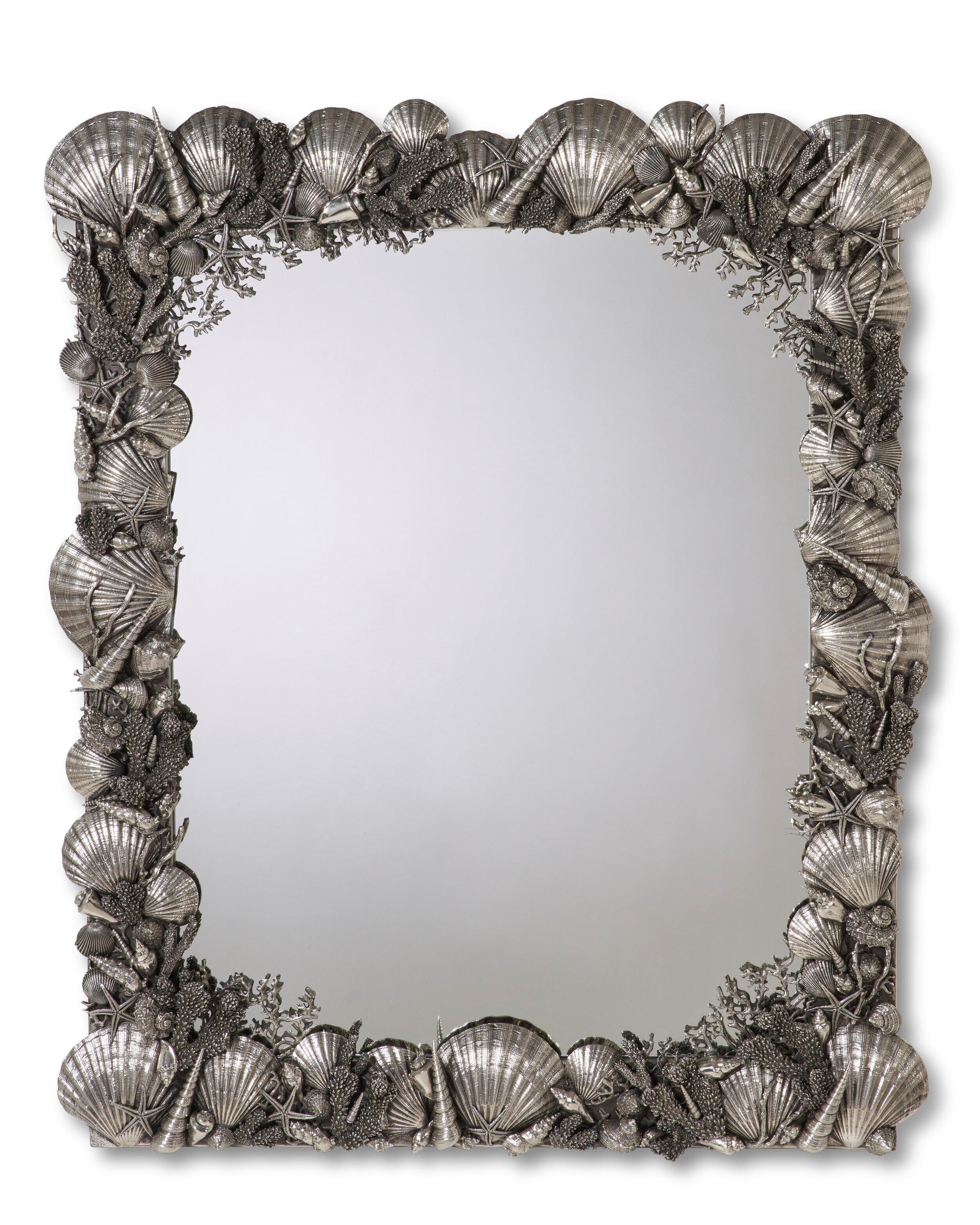Pair Vintage Italian Seashell Form Polished Pewter Wall Mirrors For Sale 2