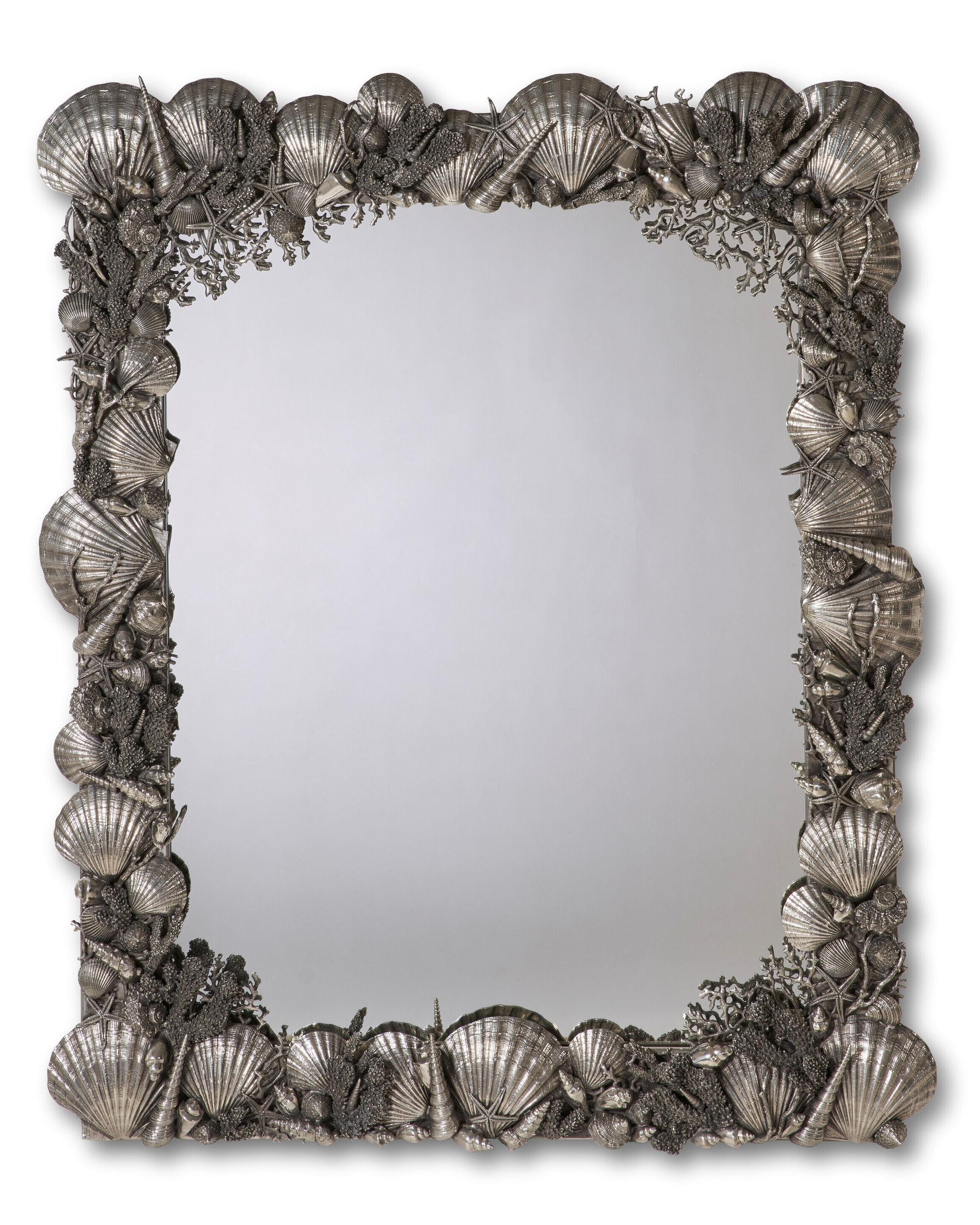 Pair Vintage Italian Seashell Form Polished Pewter Wall Mirrors For Sale 3